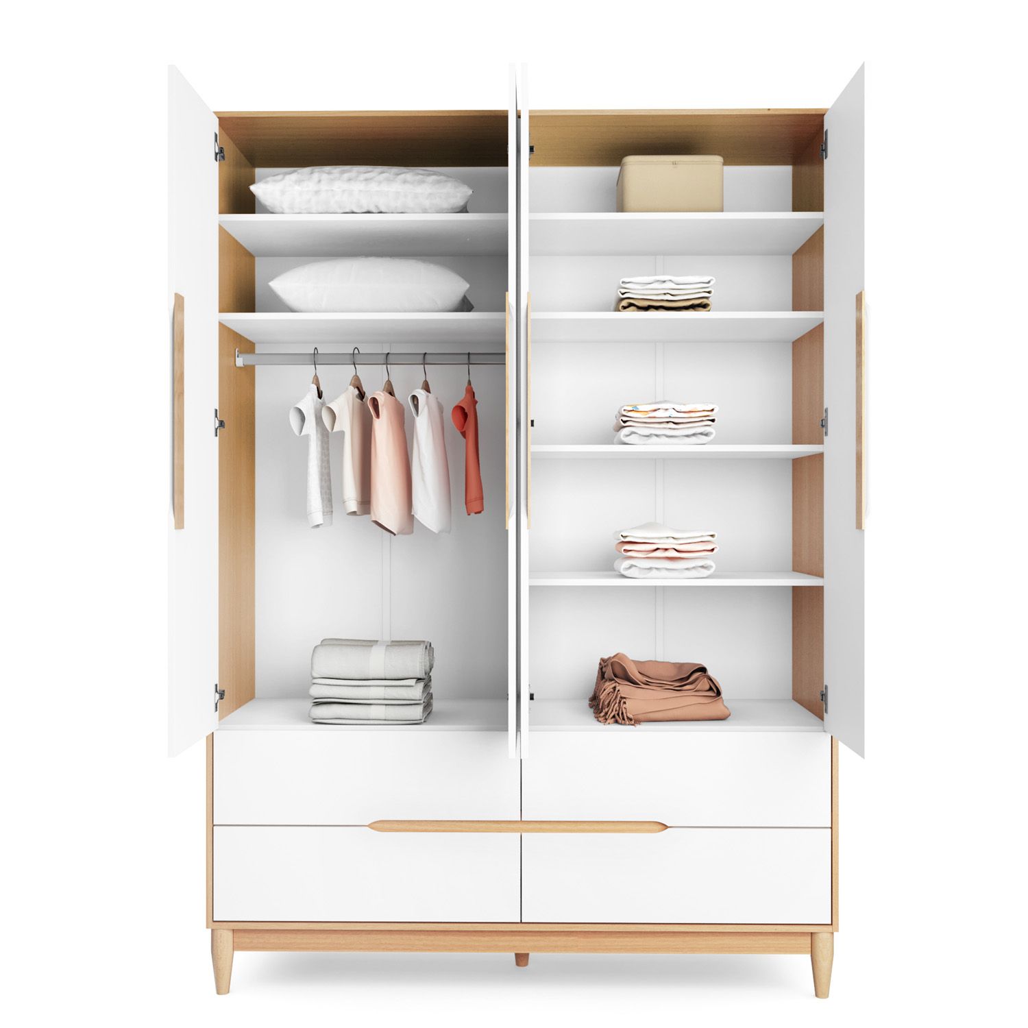 Guarda Roupa Infantil Branco e Madeira 4 Portas Tomi
