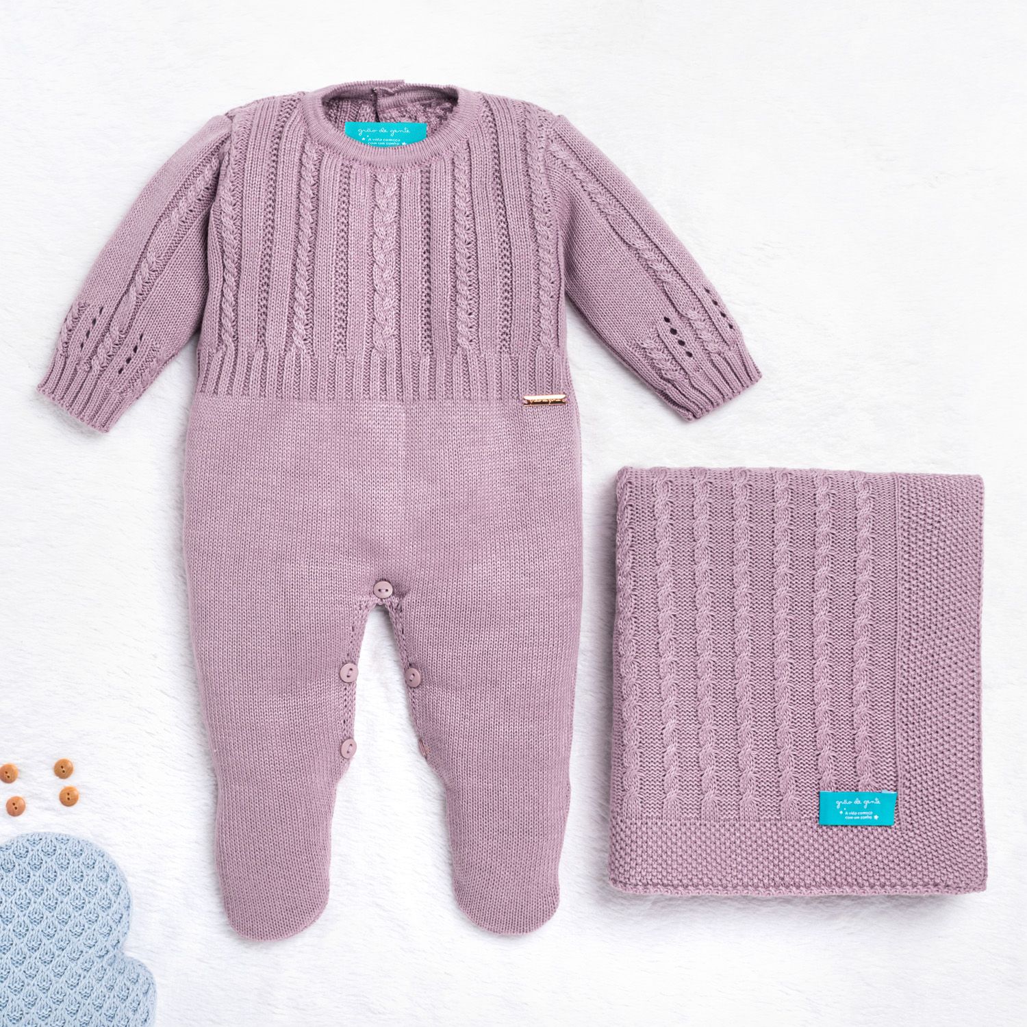 Saída Maternidade Tricot Trança Macacão Cinza Macaron 02 Peças