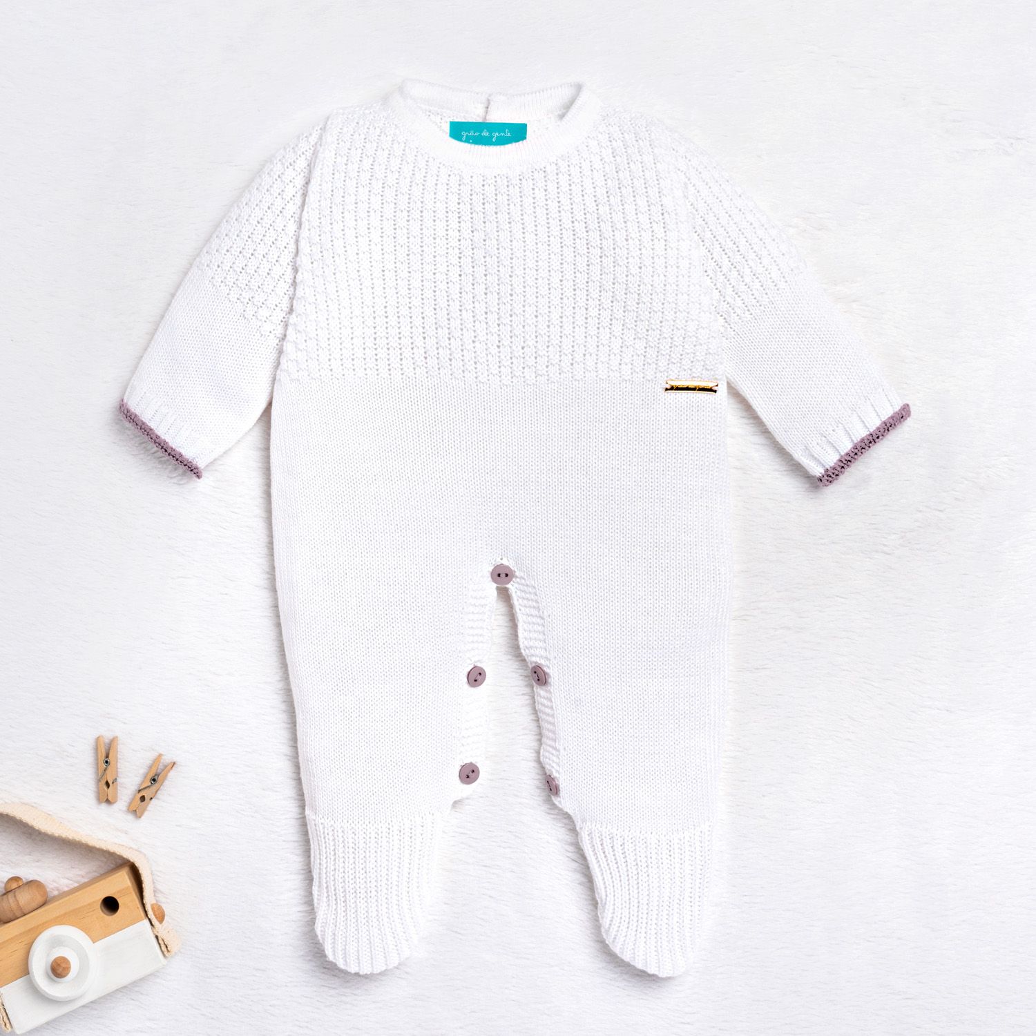 Saída Maternidade Tricot Ponto Arroz Branco e Lilás 02 Peças