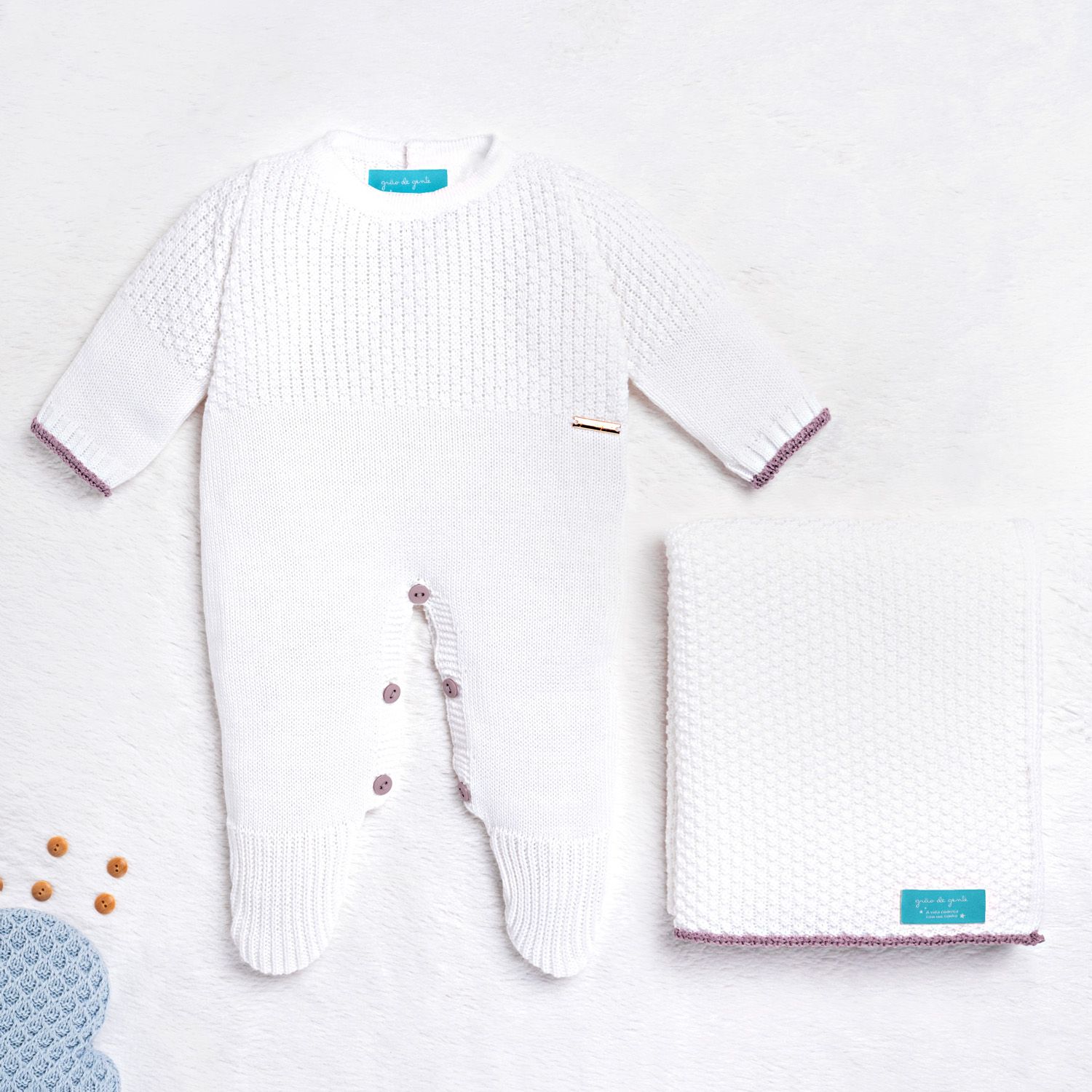 Saída Maternidade Tricot Ponto Arroz Branco e Lilás 02 Peças