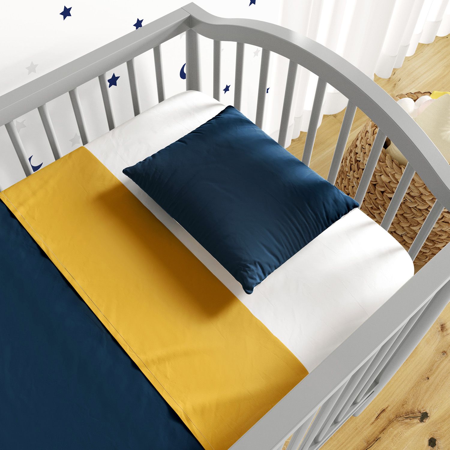 Jogo de Lençol Berço Azul Marinho e Mostarda 3 Peças