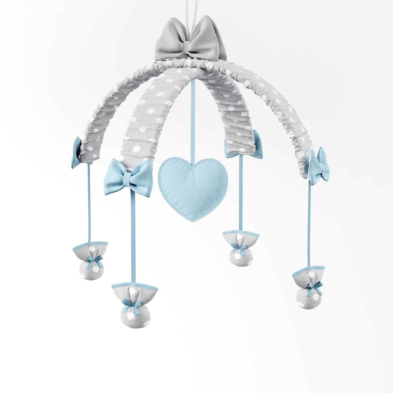 Móbile Coração Poá Azul e Cinza