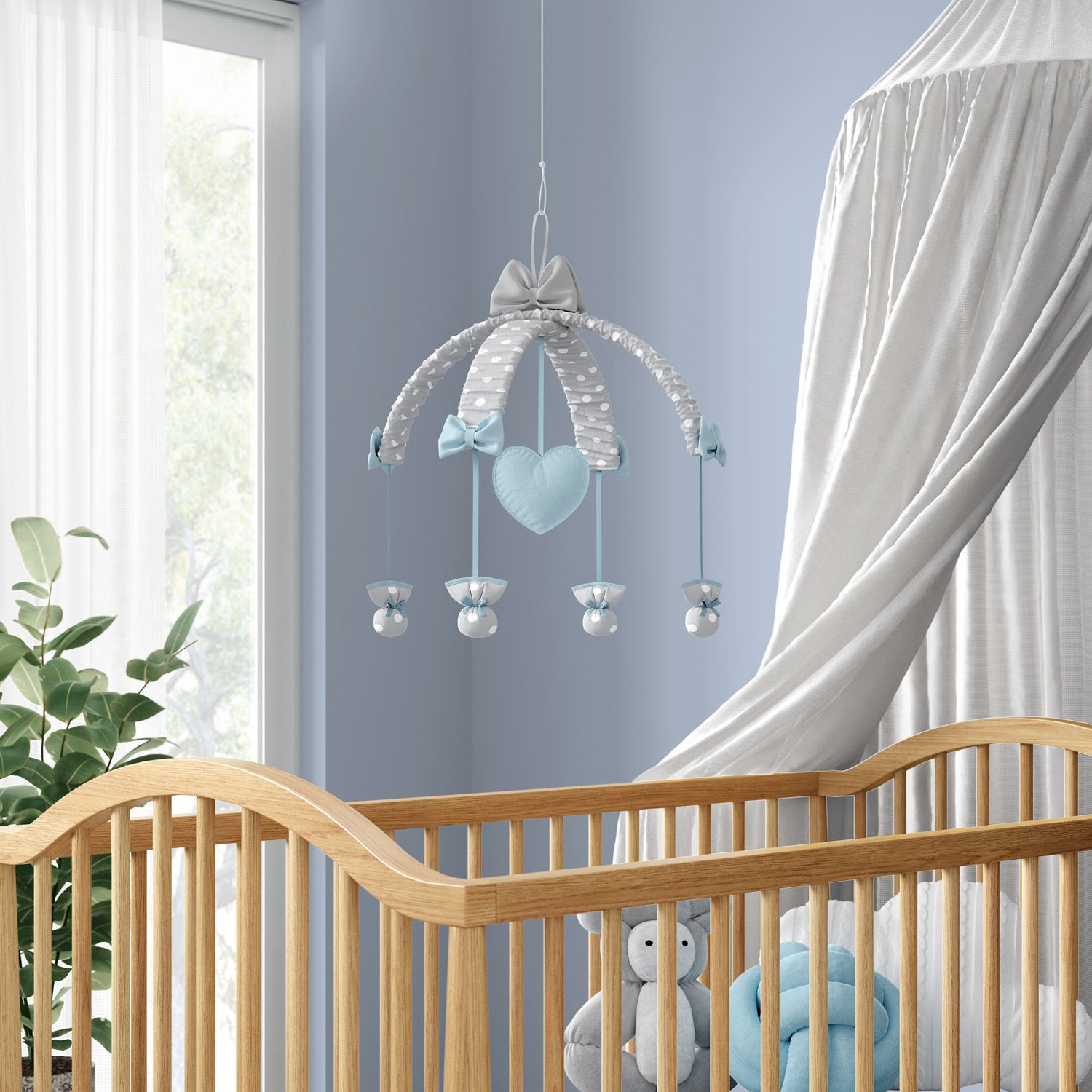 Móbile Coração Poá Azul e Cinza