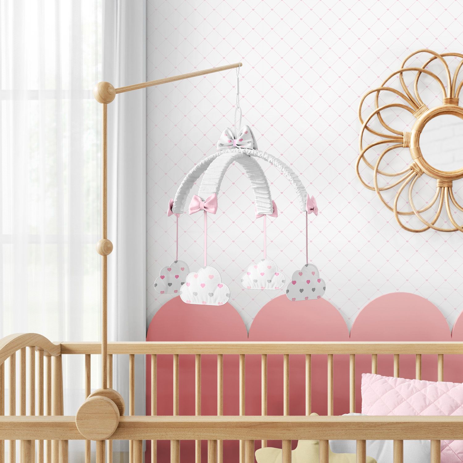 Móbile Nuvem Coração Rosa e Cinza