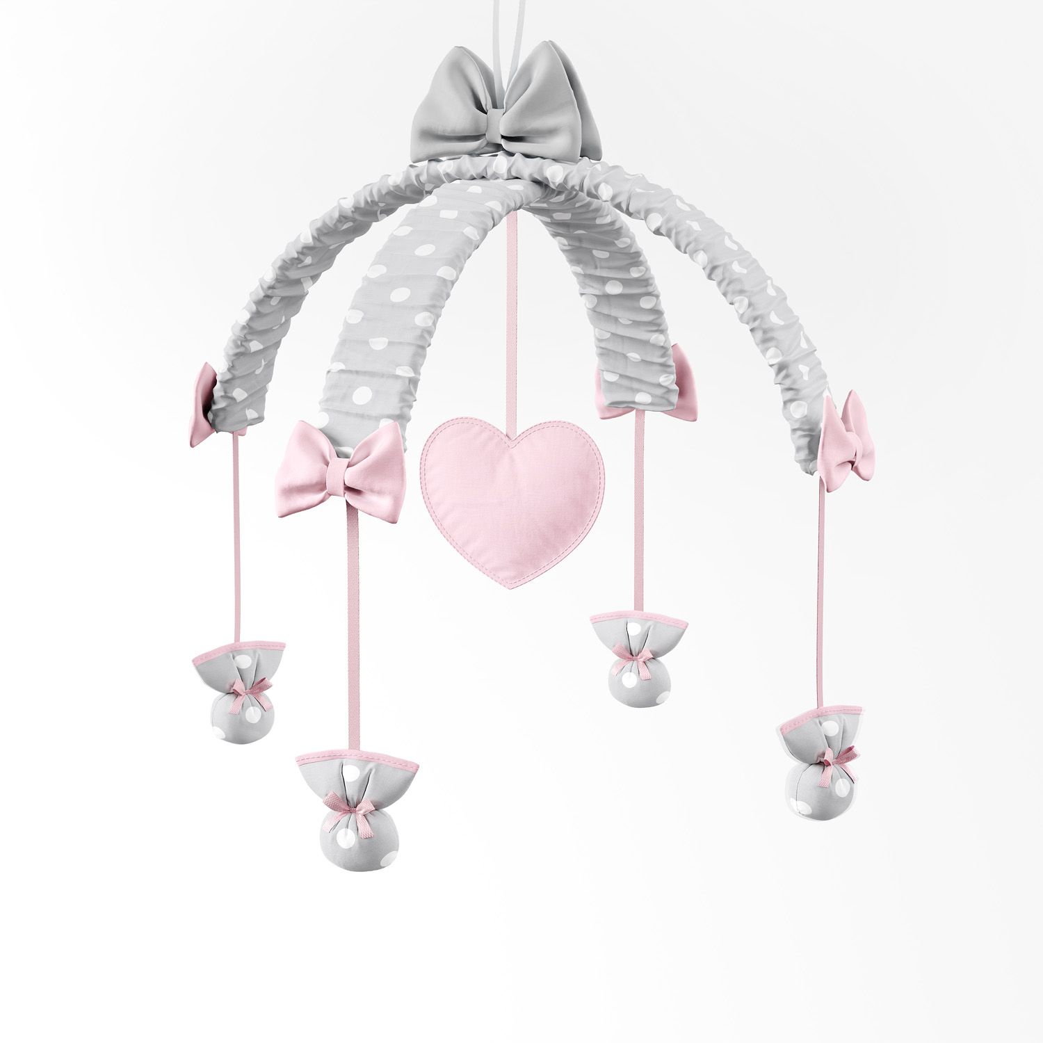 Móbile Coração Poá Azul e Cinza