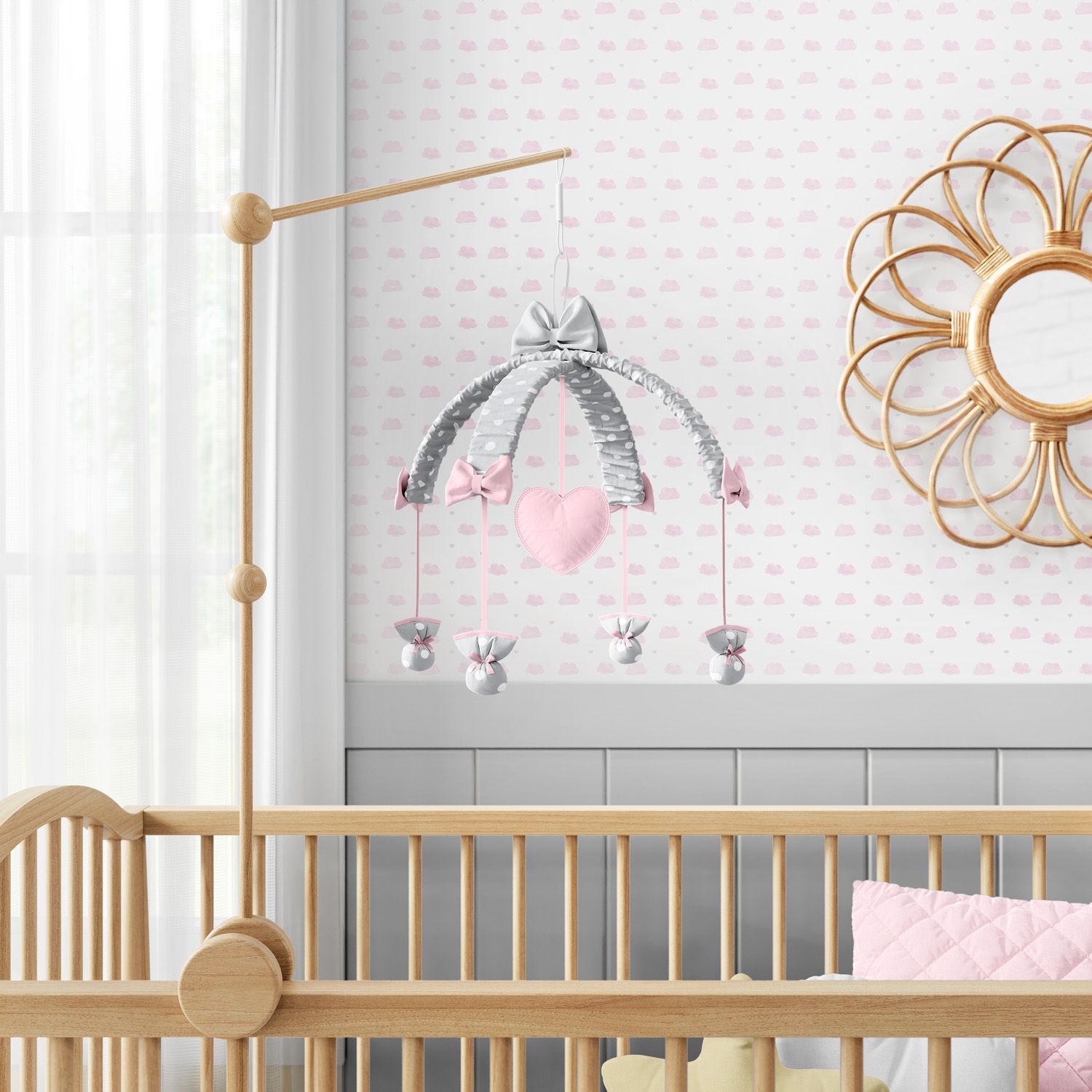 Móbile Coração Poá Azul e Cinza