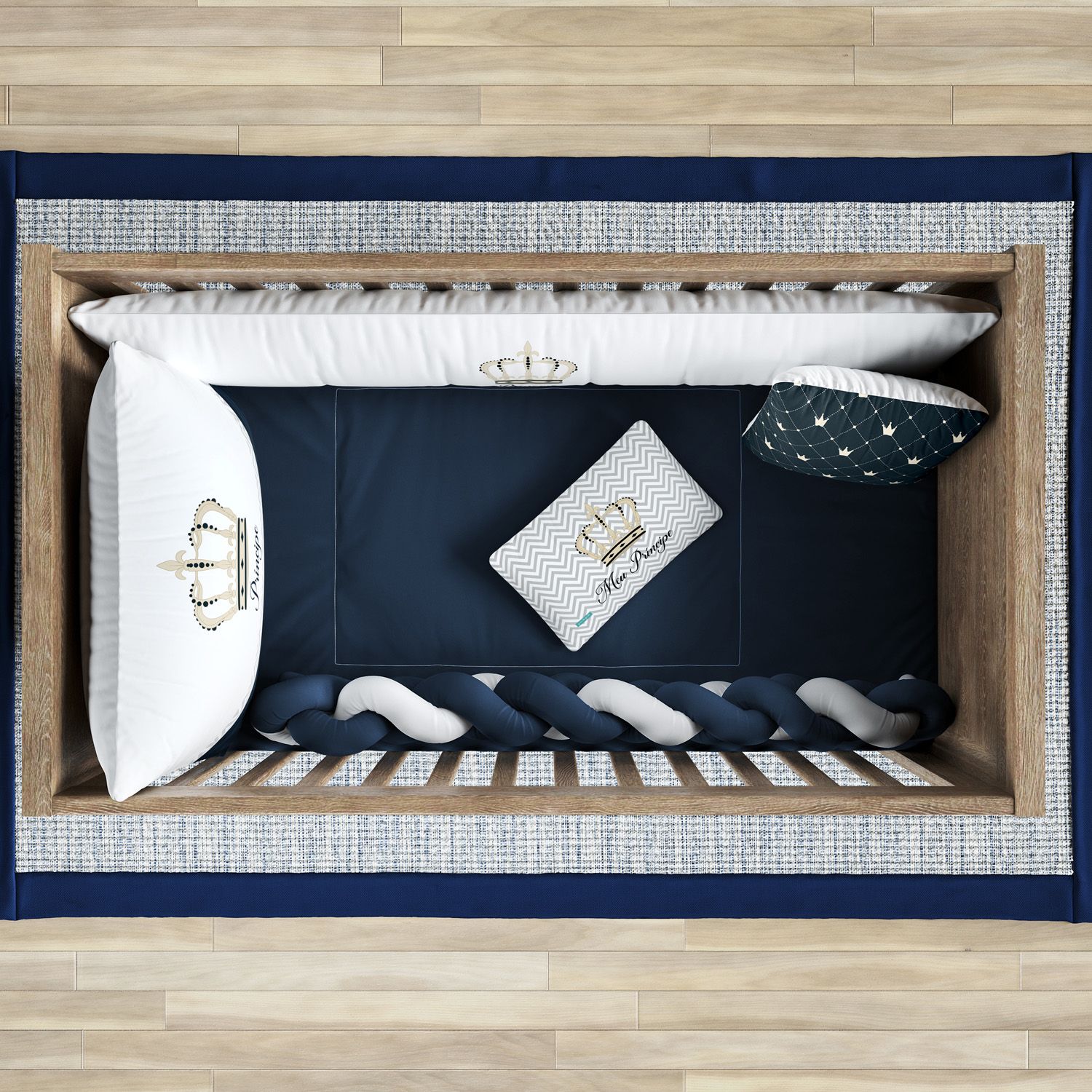 Kit Berço Trança Coroa Meu Príncipe Azul Marinho