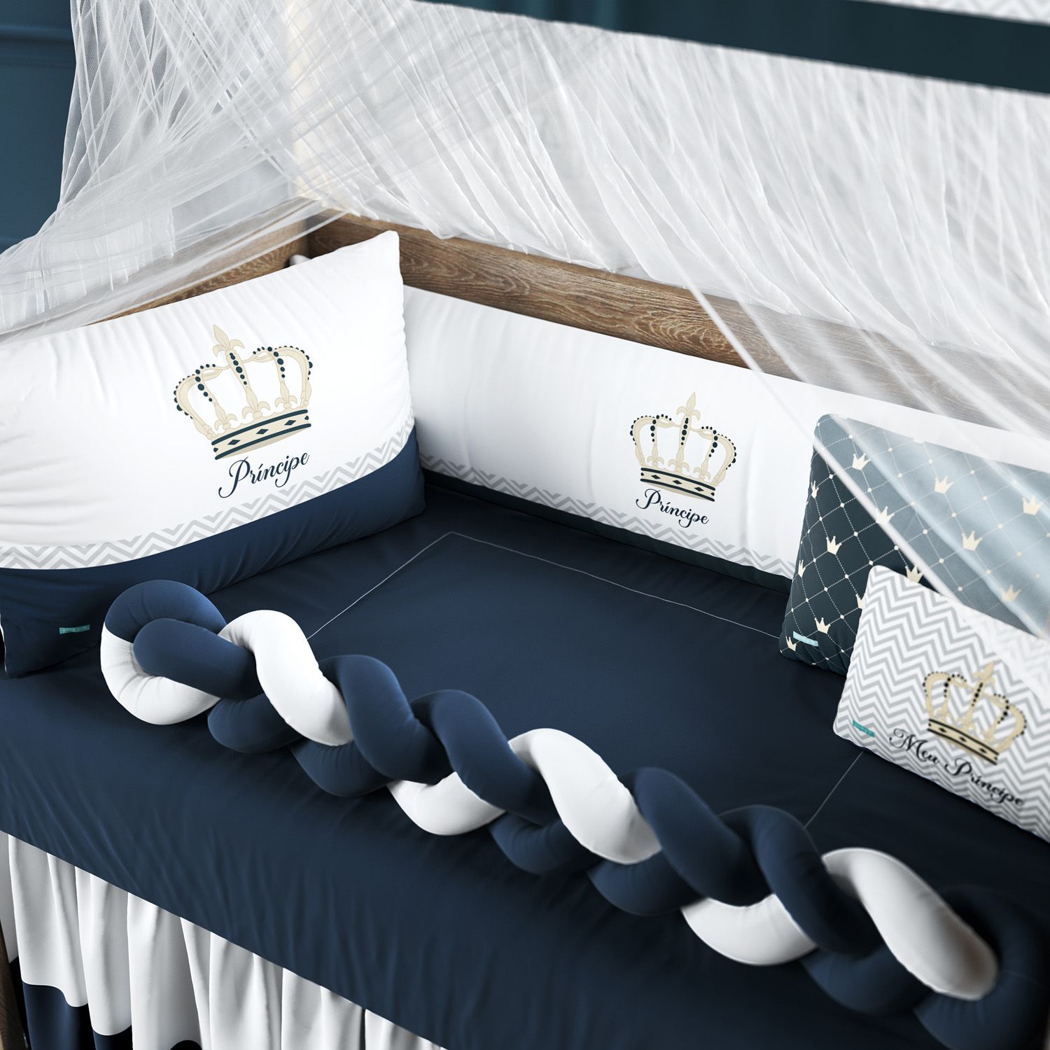 Kit Berço Trança Coroa Meu Príncipe Azul Marinho