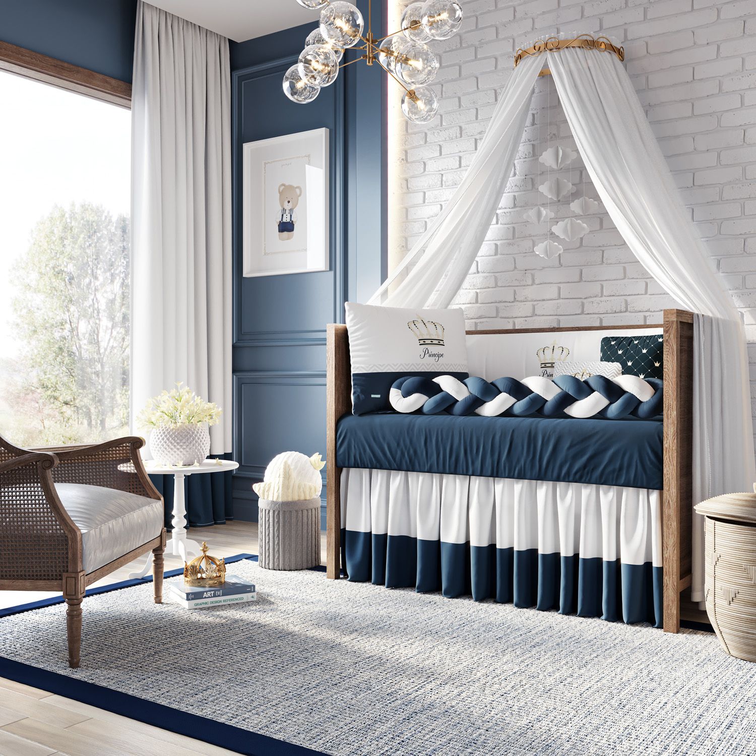 Kit Berço Trança Coroa Meu Príncipe Azul Marinho
