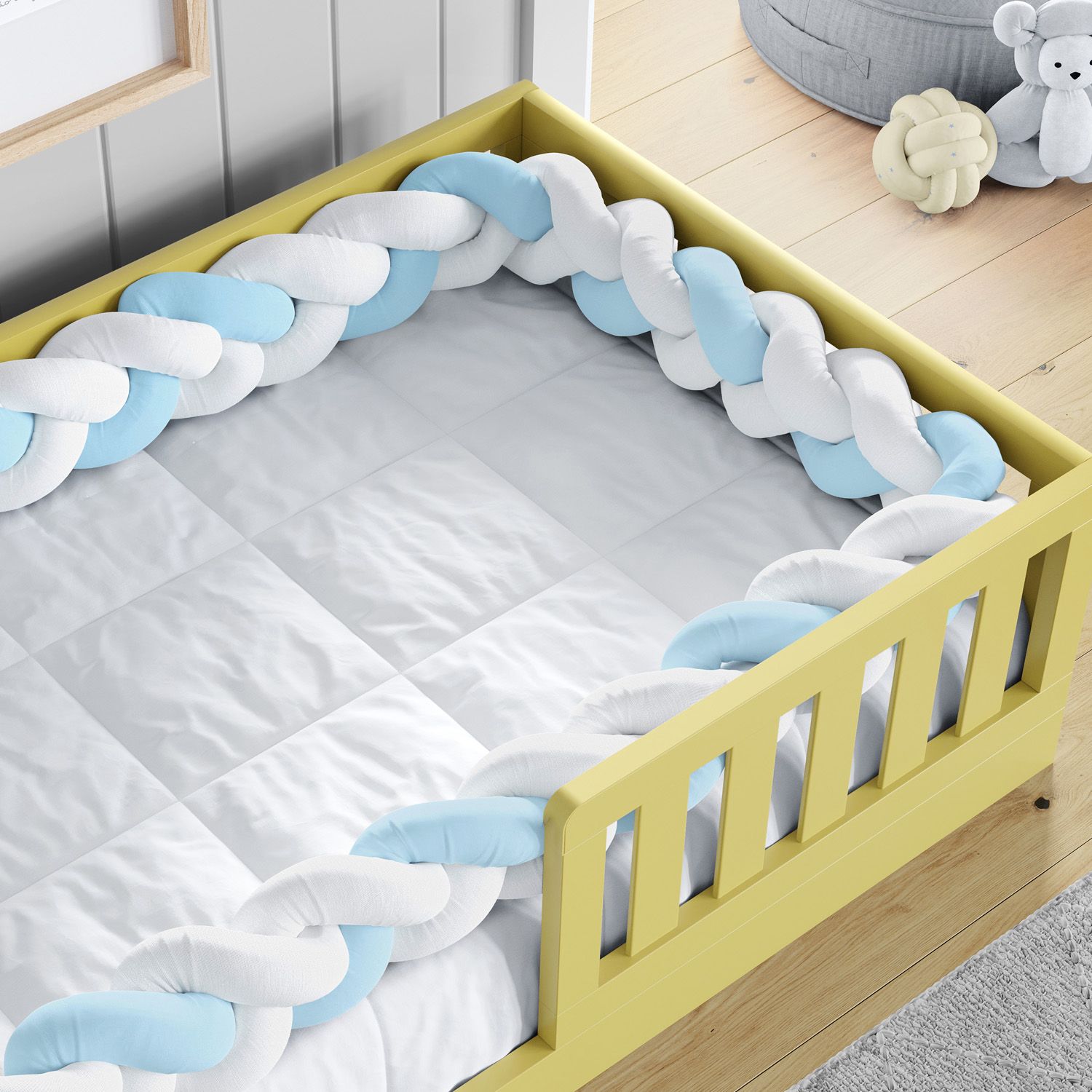 Trança Lateral Para Cama Montessoriana Solteiro Branco e Azul 5,32M