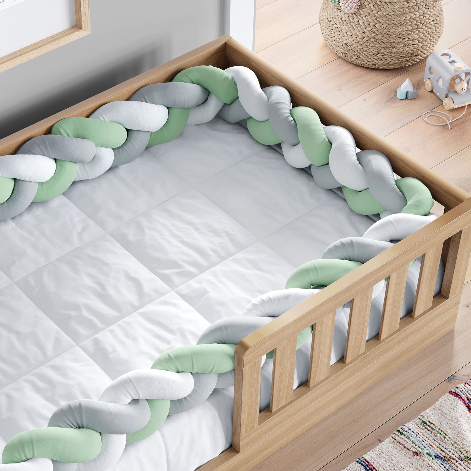 Trança Lateral Para Cama Montessoriana Solteiro Branco Cinza e Verde 5,32M