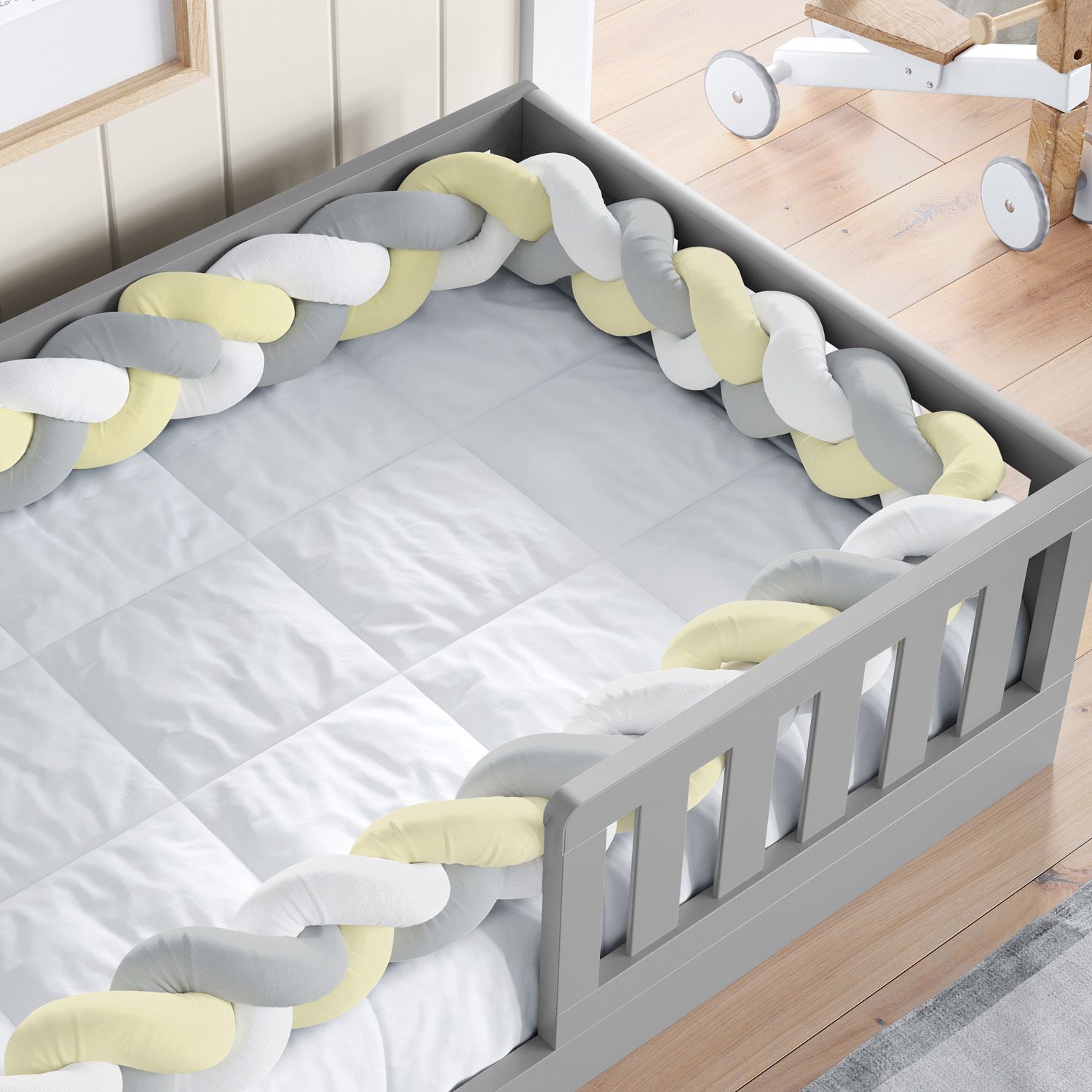 Trança Lateral Para Cama Montessoriana Solteiro Branco Cinza e Amarelo 5,32M