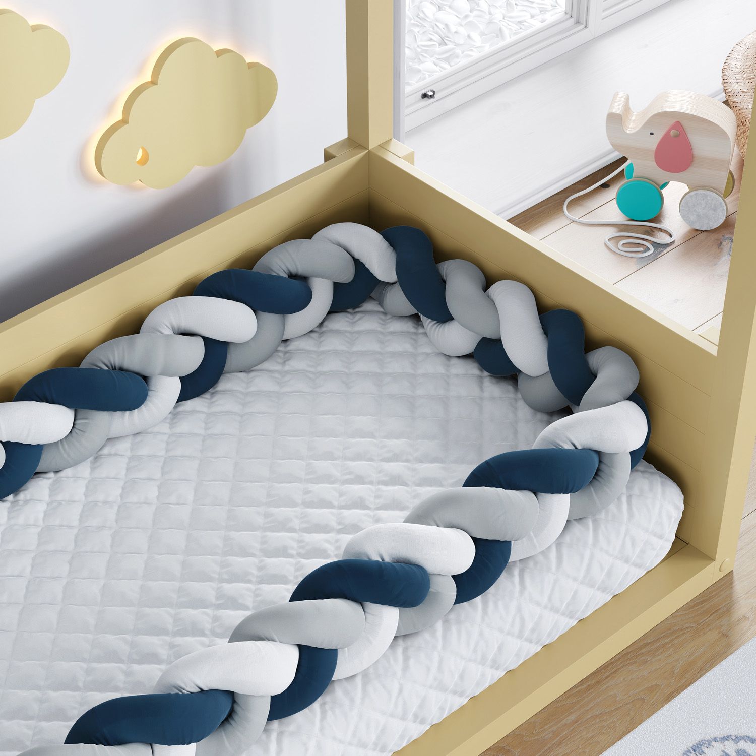 Trança Lateral Para Mini Cama Branco Cinza e Azul Marinho 4,32M