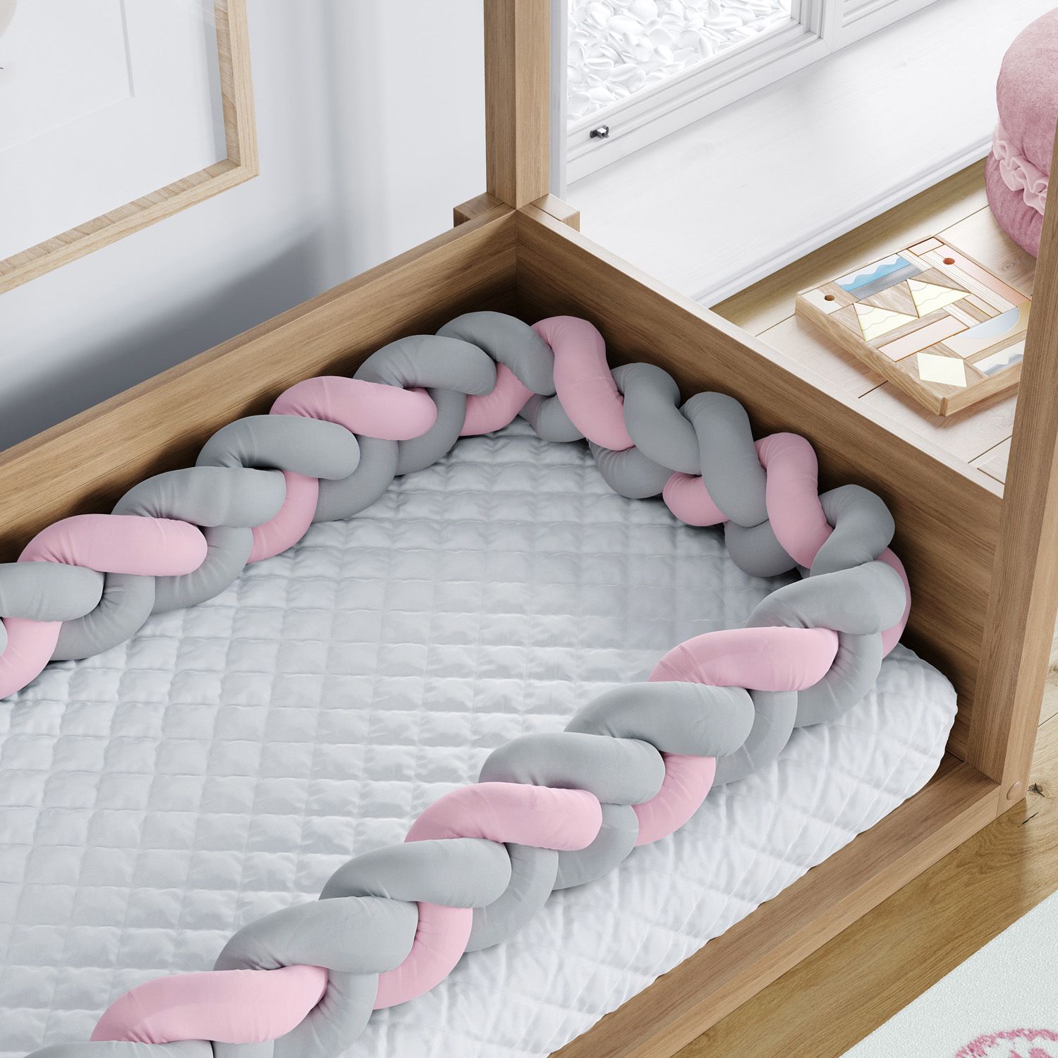 Trança Lateral Para Mini Cama Cinza e Rosa 4,32cm