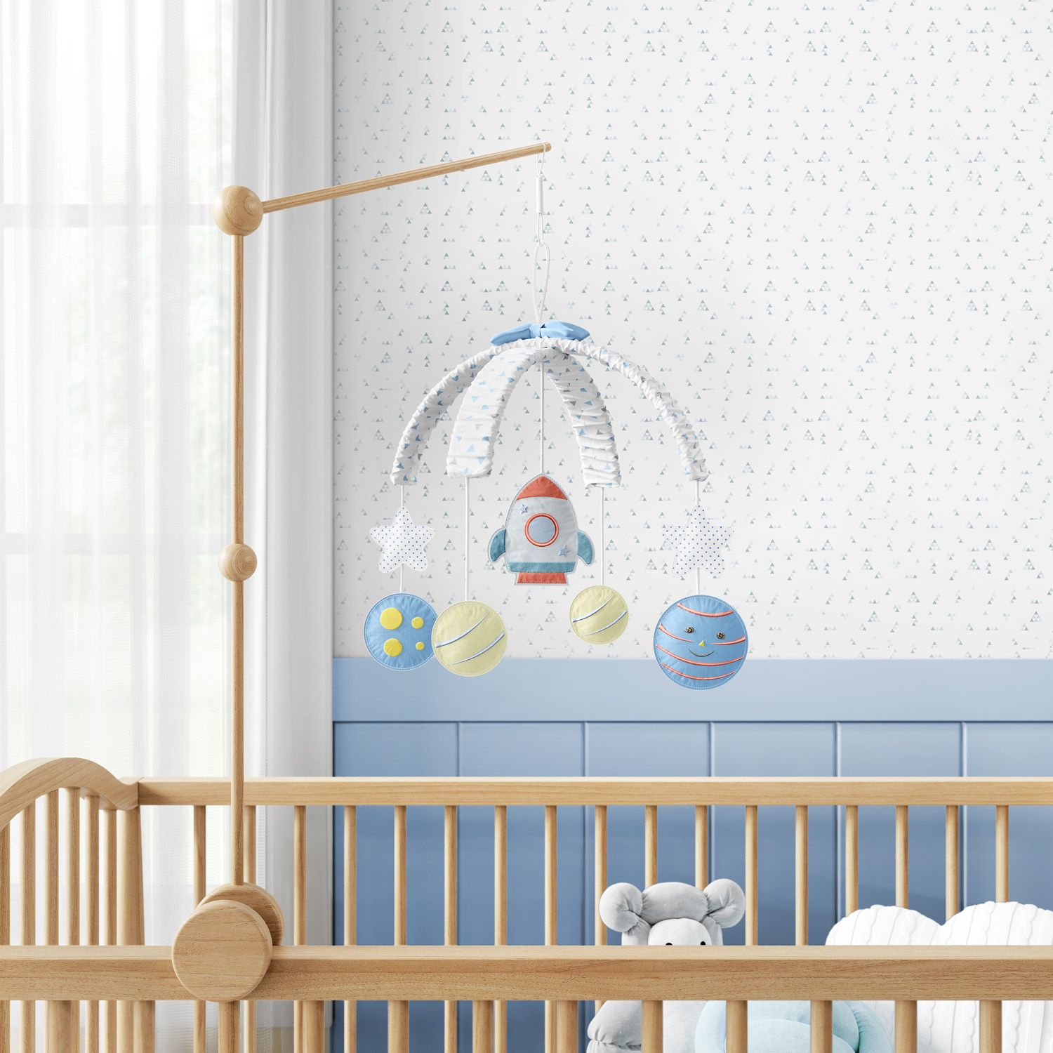 Móbile Foguete e Planetas Patchwork Azul