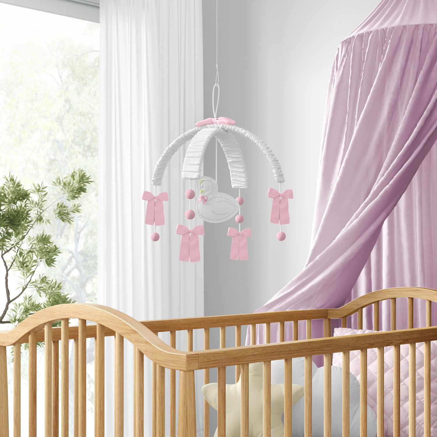 Móbile Cisne Branco e Laço Rosa