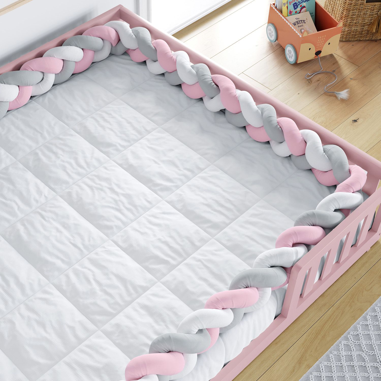 Trança Lateral Para Cama Montessoriana Casal Branco Cinza e Rosa 6,52M