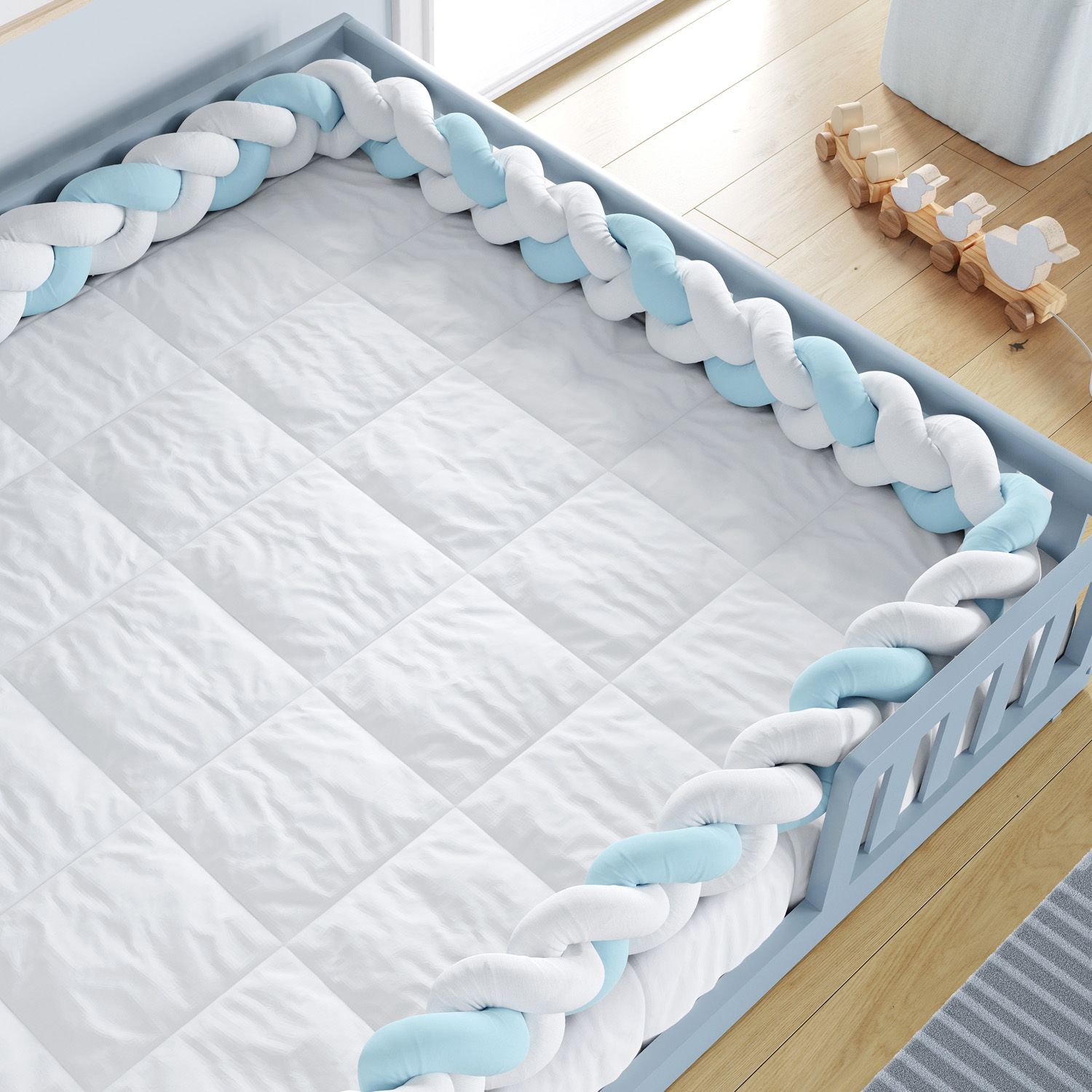 Trança Lateral Para Cama Montessoriana Casal Branco e Azul 6,52M