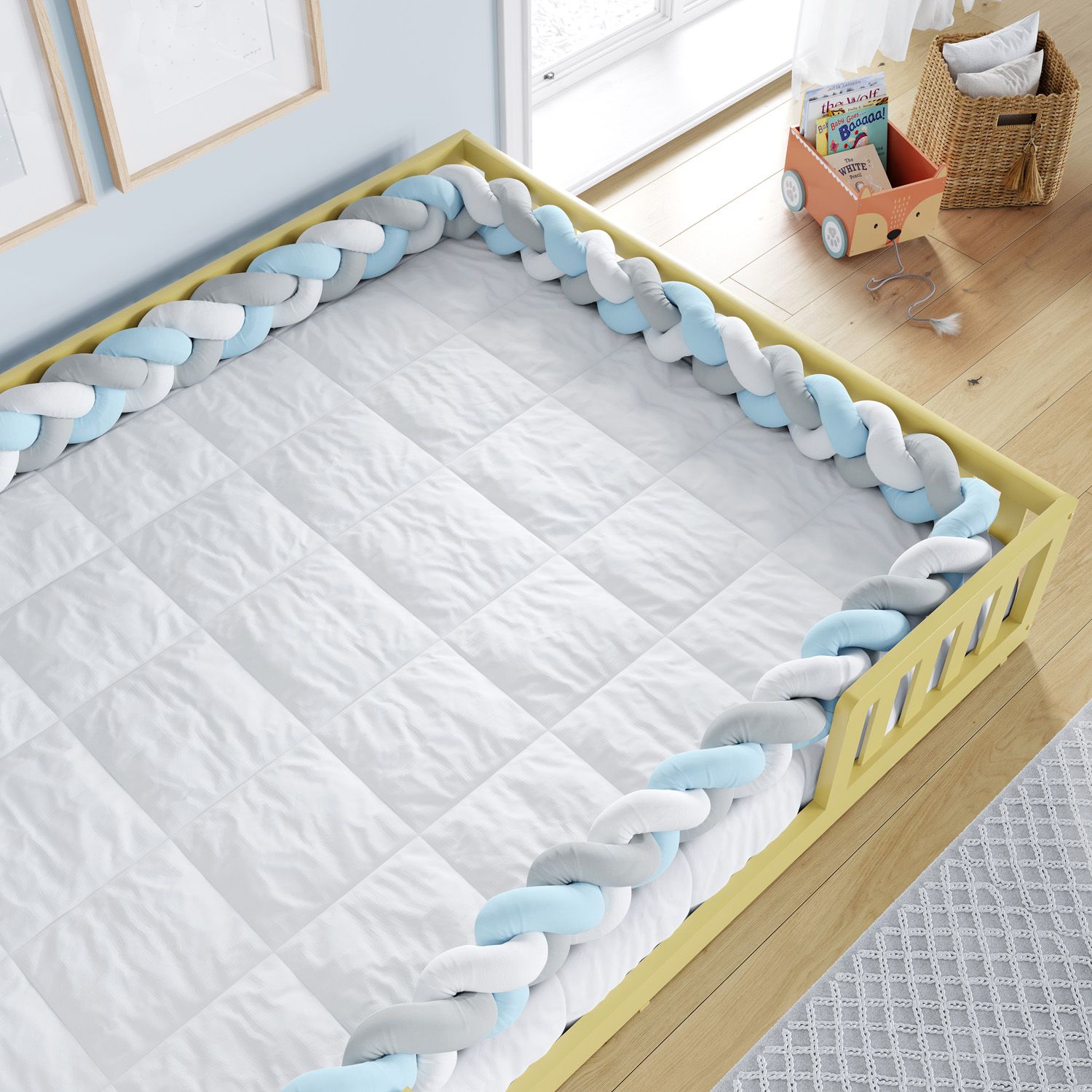 Trança Lateral Para Cama Montessoriana Casal Branco Cinza e Azul 6,52M