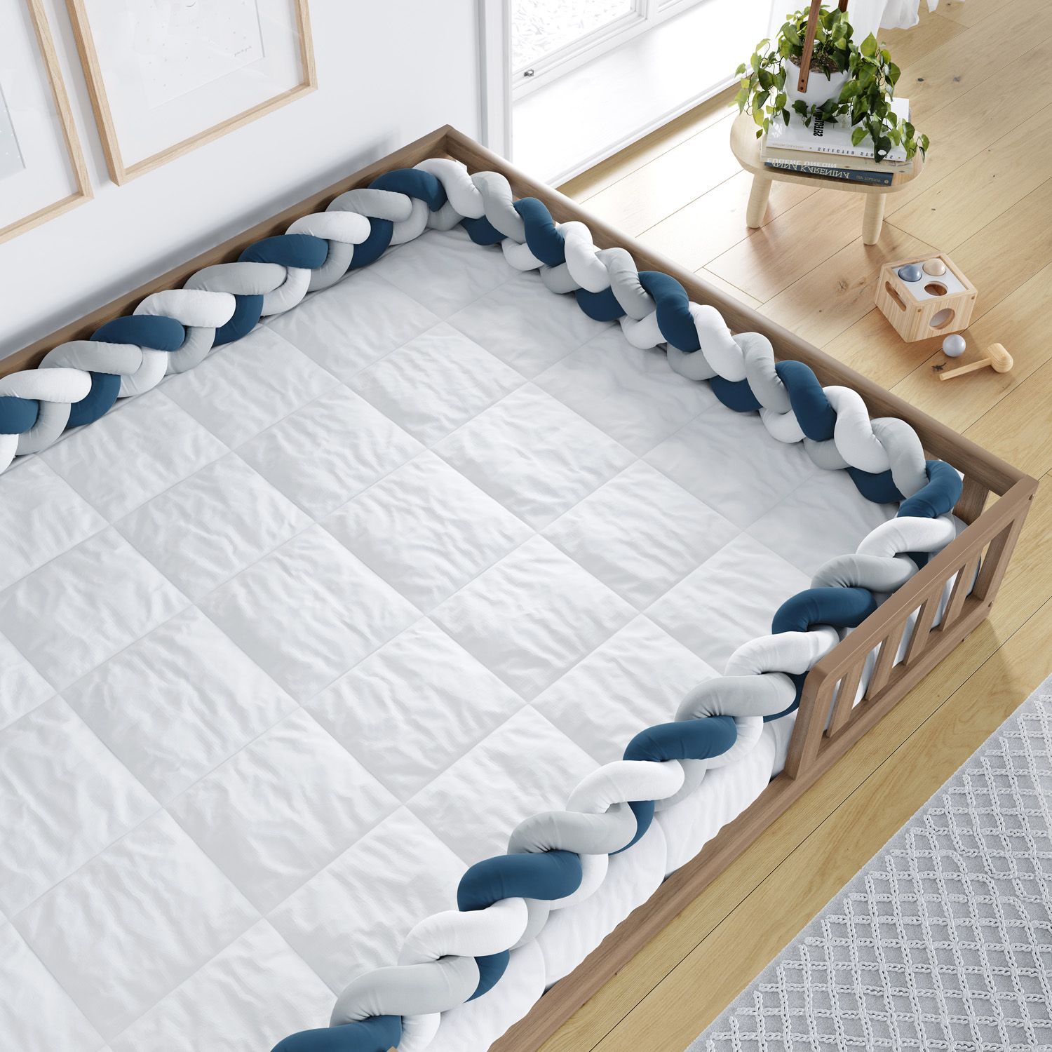 Trança Lateral Para Cama Montessoriana Casal Branco Cinza e Azul Marinho 6,52M