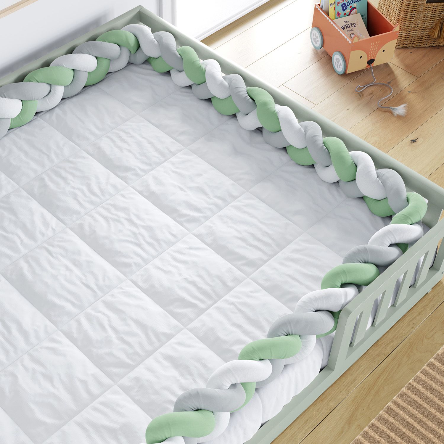 Trança Lateral Para Cama Montessoriana Casal Branco Cinza e Verde 6,52M