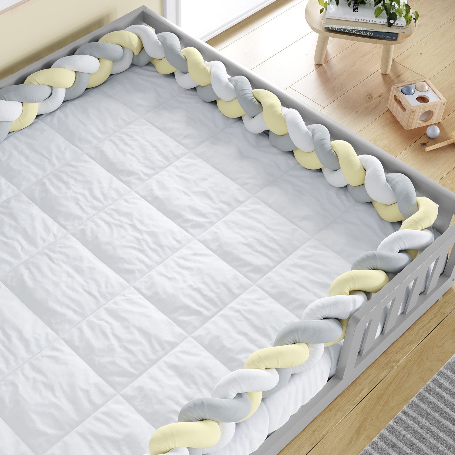 Trança Lateral Para Cama Montessoriana Casal Branco Cinza e Amarelo 6,52M