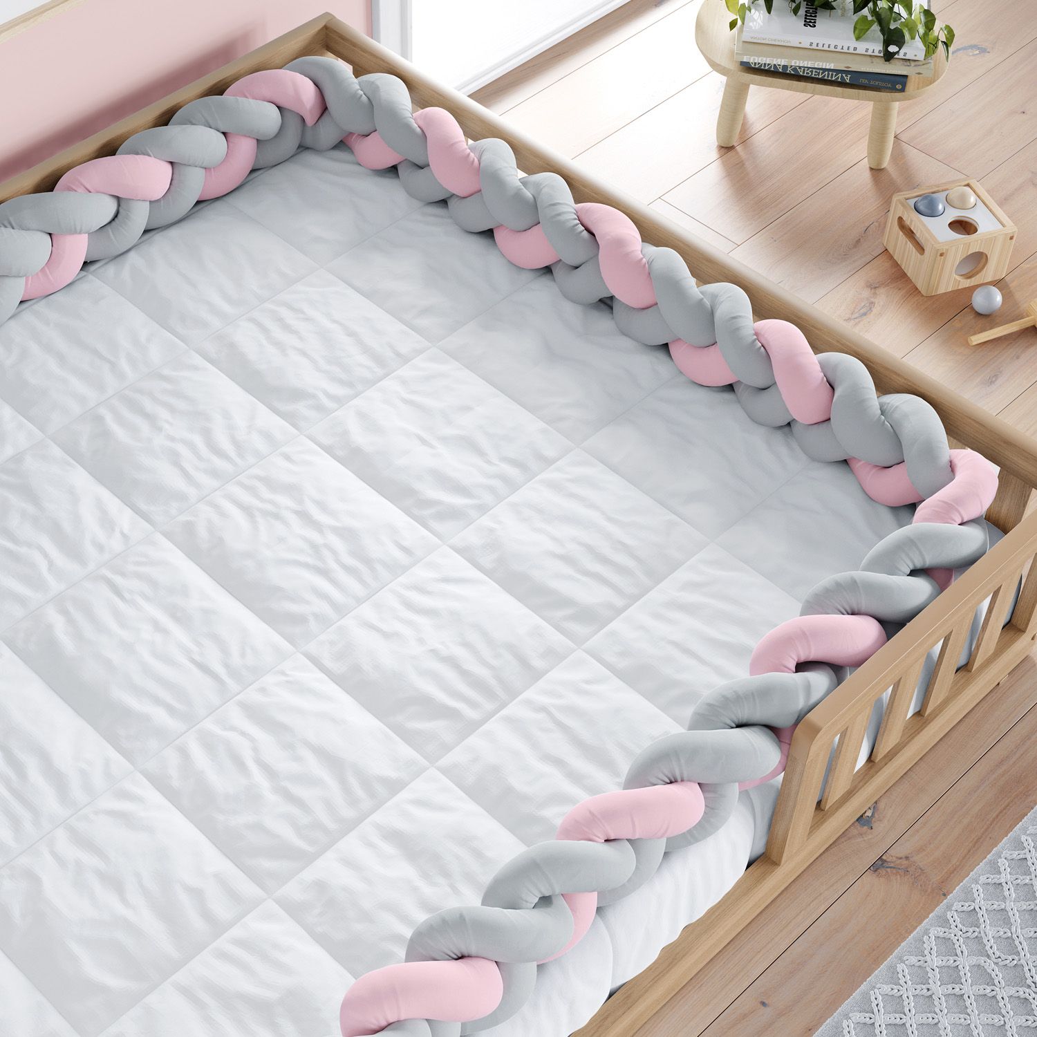 Trança Lateral Para Cama Montessoriana Casal Cinza e Rosa 6,52M