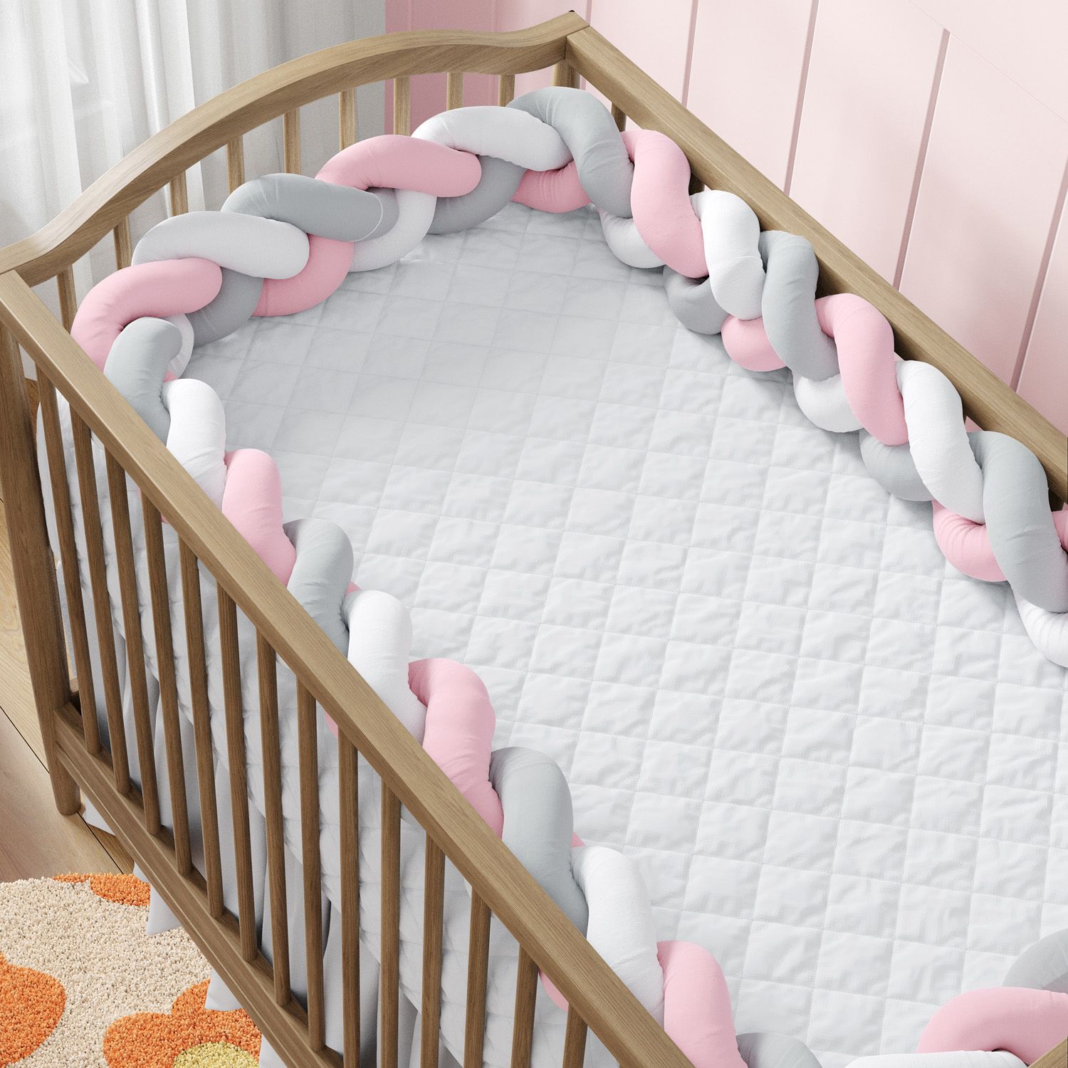 Trança Lateral Para Berço Branco Rosa e Cinza 3,80M