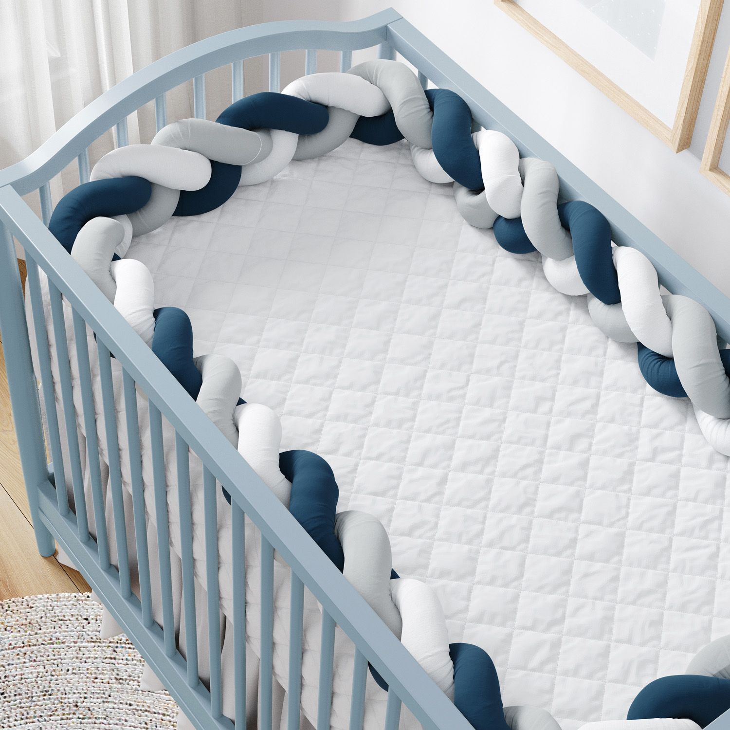 Trança Lateral Para Berço Branco, Cinza e Azul Marinho 3,80M