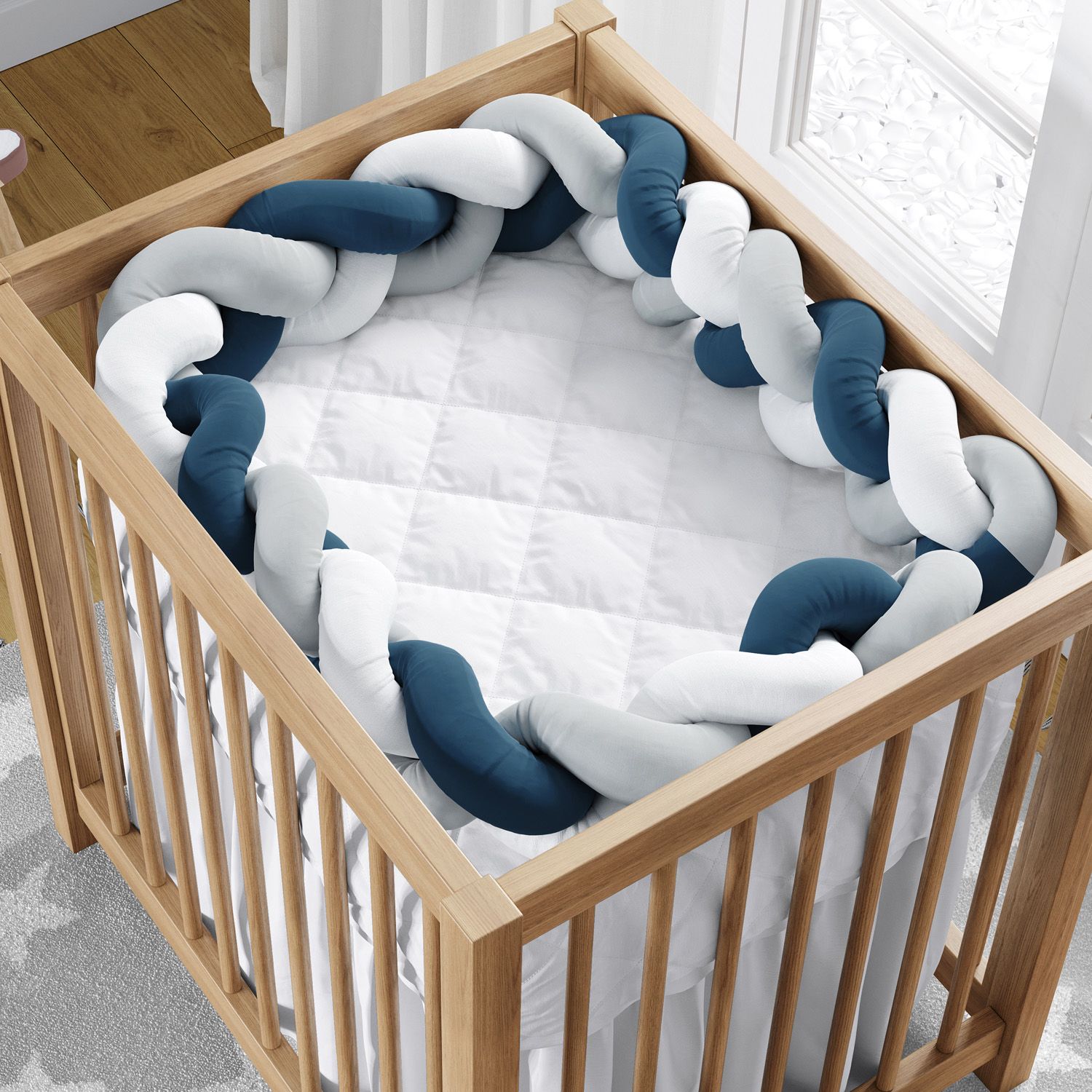 Trança Lateral Para Mini Berço Branco Cinza e Azul Marinho 2,28M