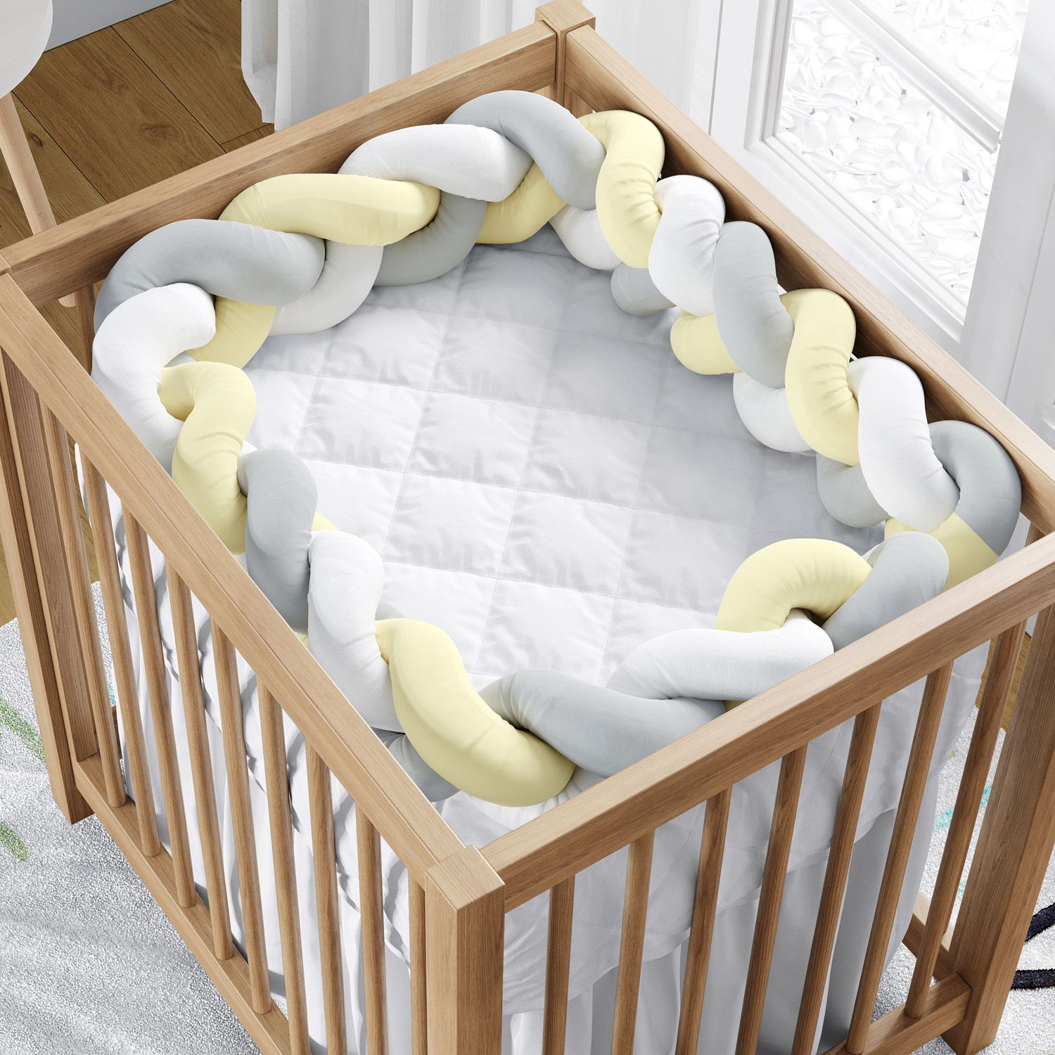 Trança Lateral Para Mini Berço Branco Amarelo e Cinza 2,28M