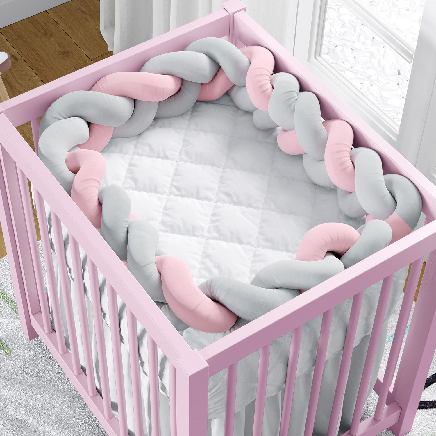 Trança Lateral Para Mini Berço Cinza e Rosa 2,28M