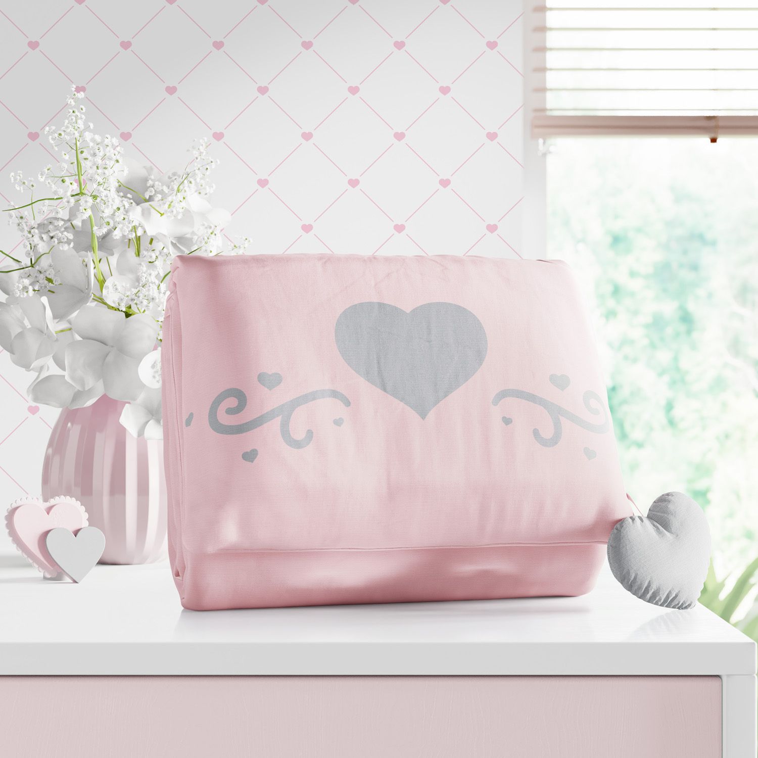 Trocador de Fraldas Portátil Coração Cinza e Rosa 73x40cm