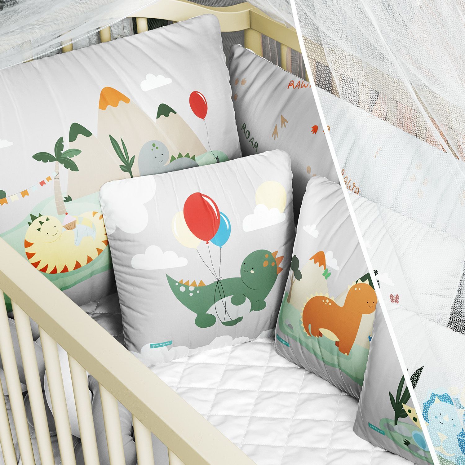 Kit Berço Trança Dinossauro Aquarela