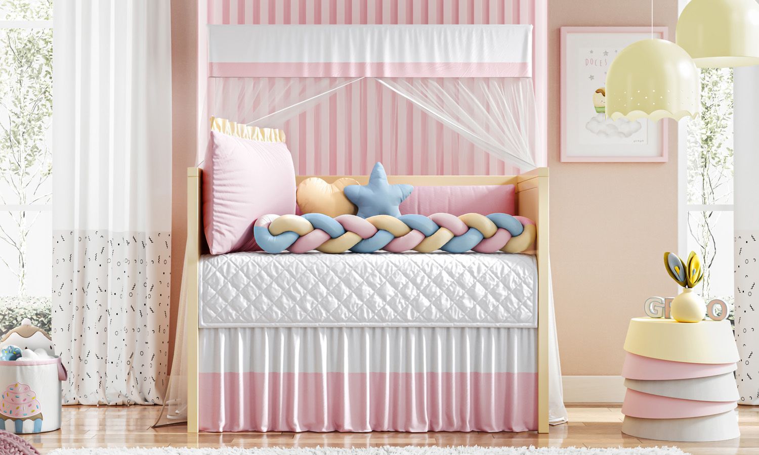 Kit Berço Trança Colorida Azul Claro, Rosa e Amarelo