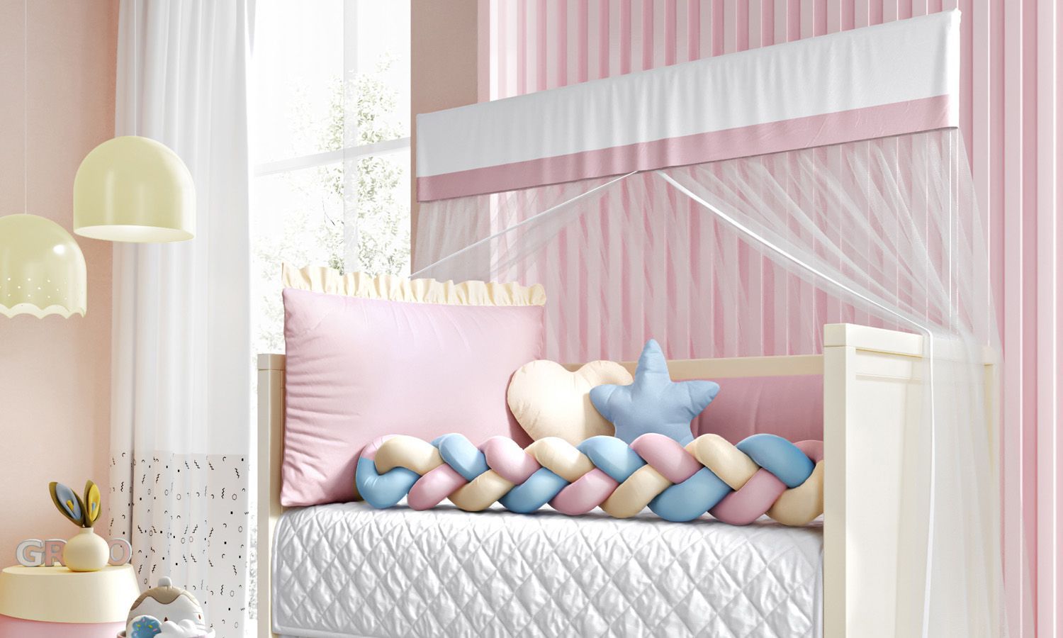 Kit Berço Trança Colorida Azul Claro, Rosa e Amarelo