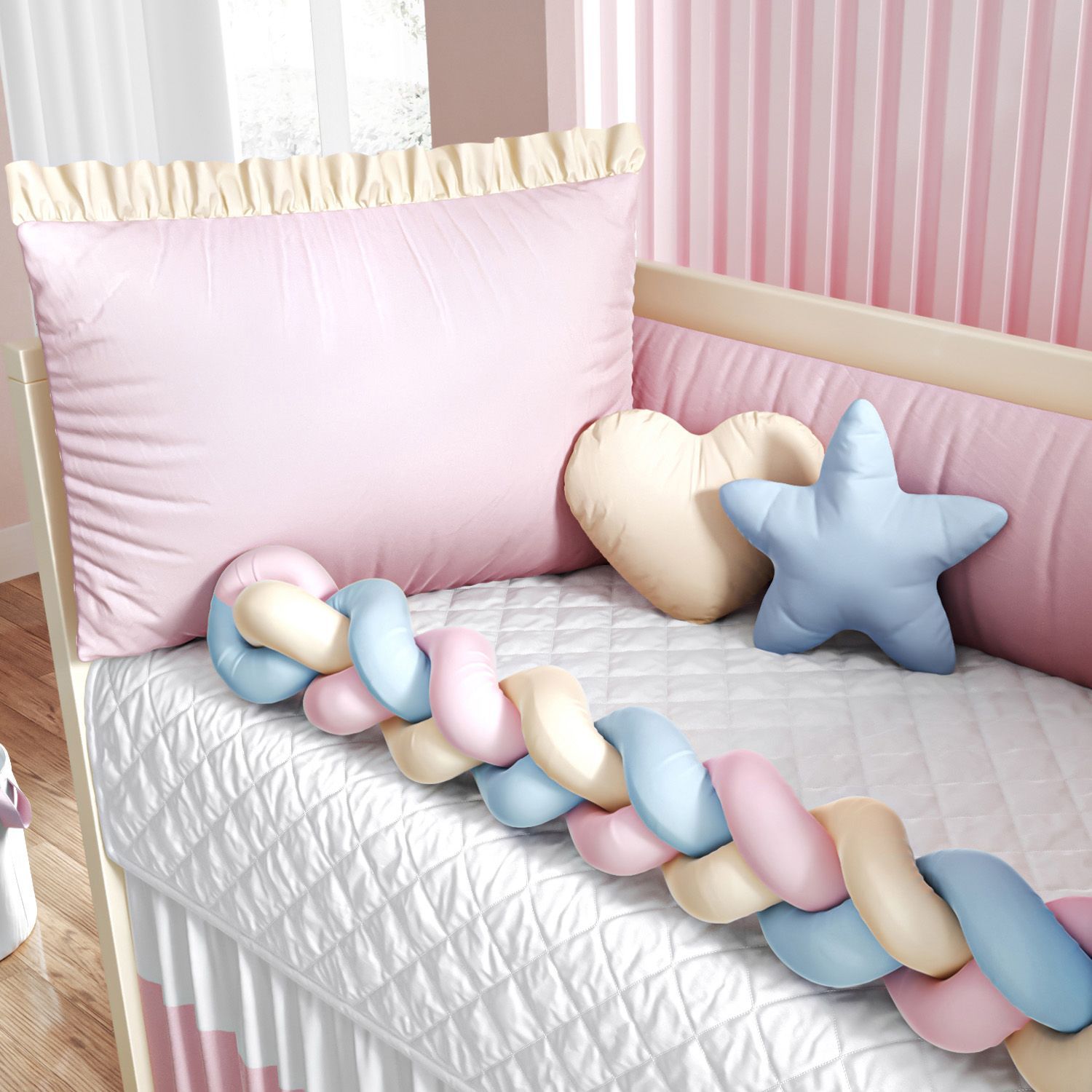 Kit Berço Trança Colorida Azul Claro, Rosa e Amarelo