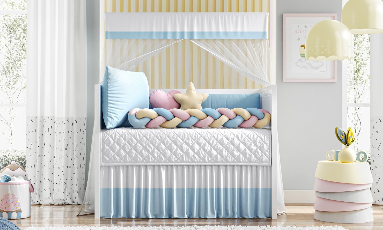 Kit Berço Trança Colorida Azul Claro, Rosa e Amarelo