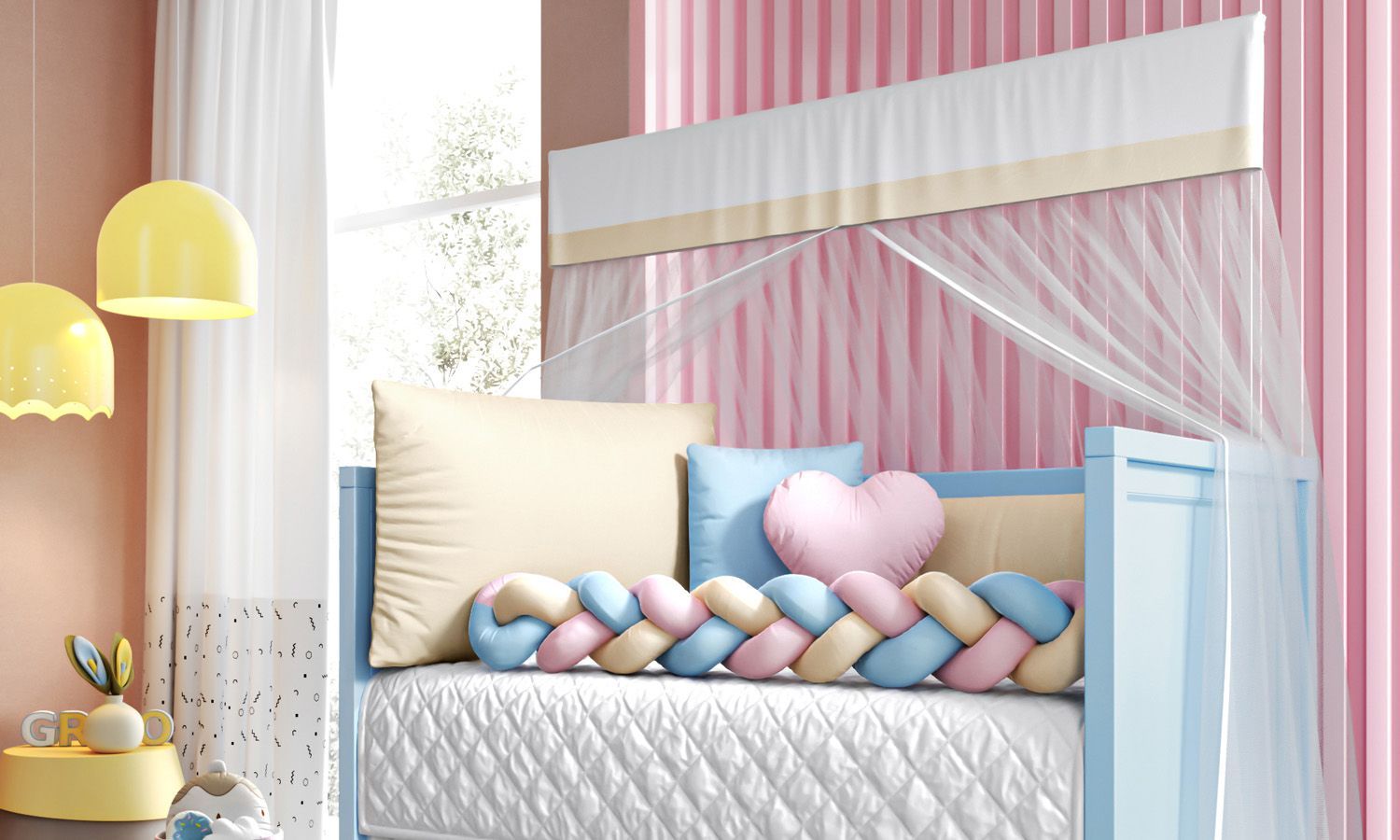 Kit Berço Trança Colorida Azul Claro, Rosa e Amarelo