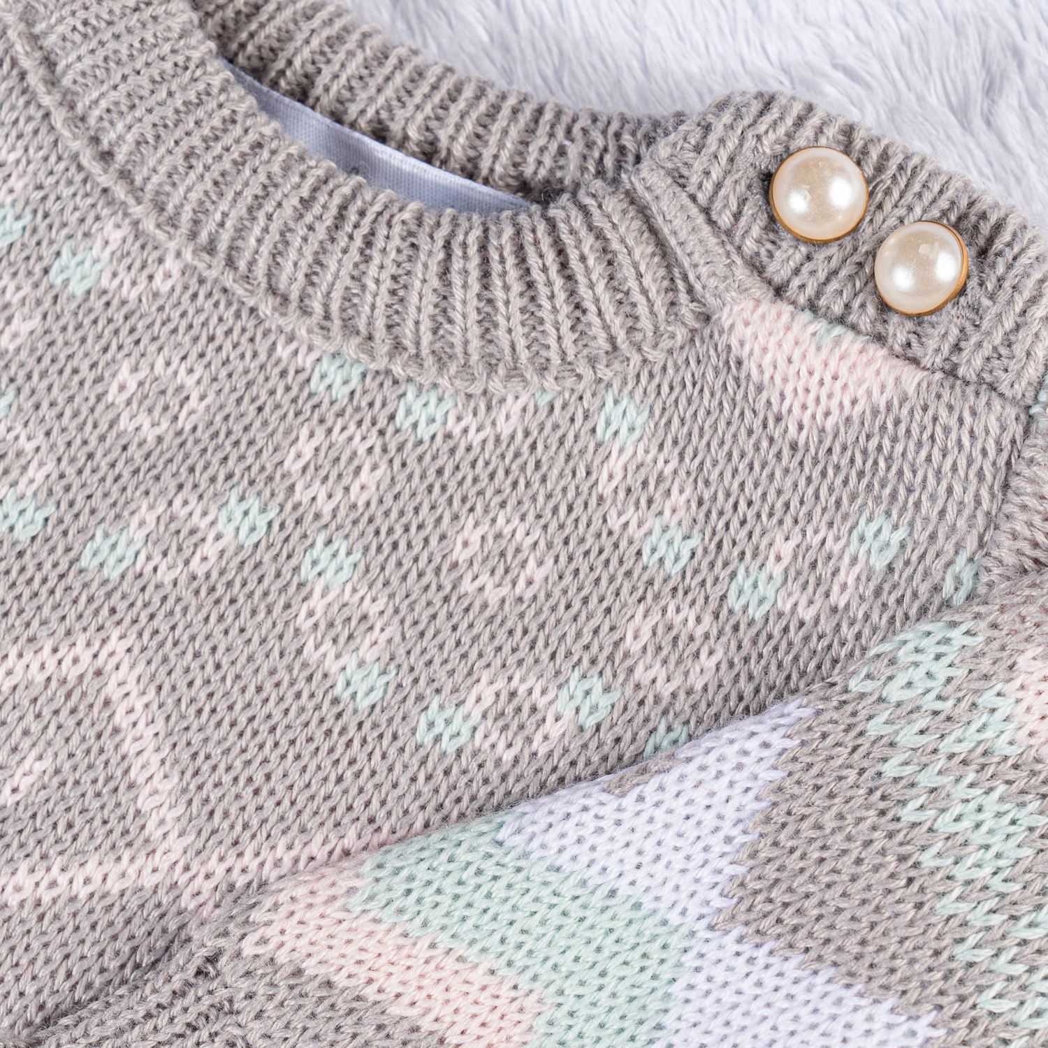 Casaquinho Tricot Jacquard Geométrico Cinza, Rosa e Verde