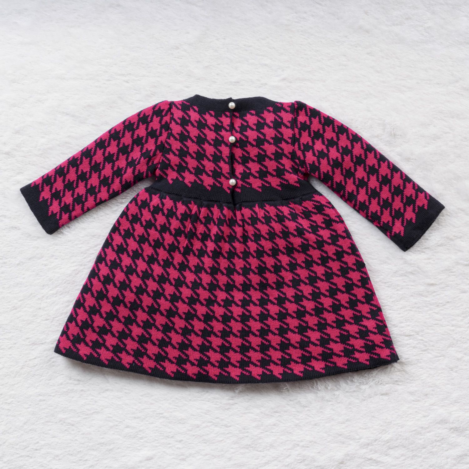 Vestido Tricot Jacquard Pied de Poule com Laço Preto