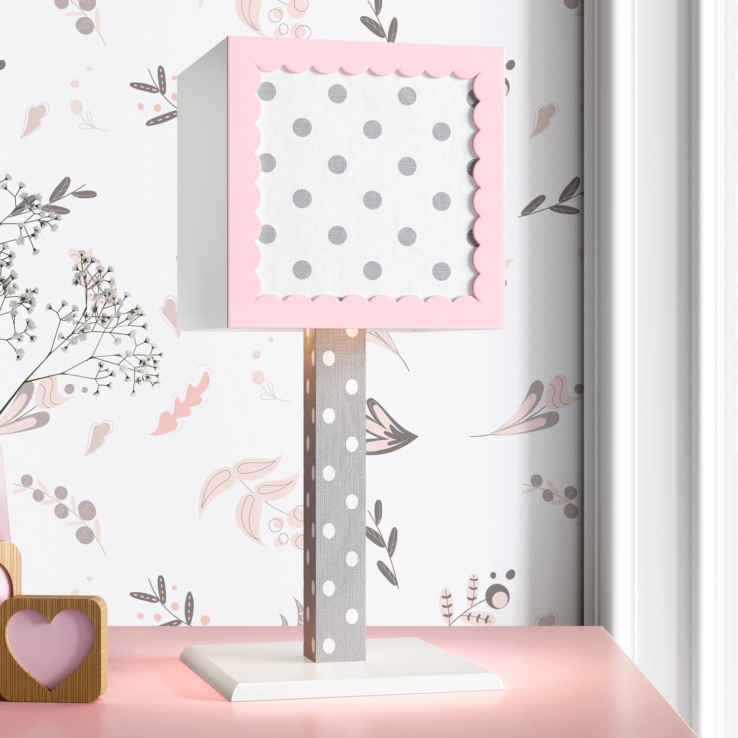 Abajur Poá Rosa e Cinza