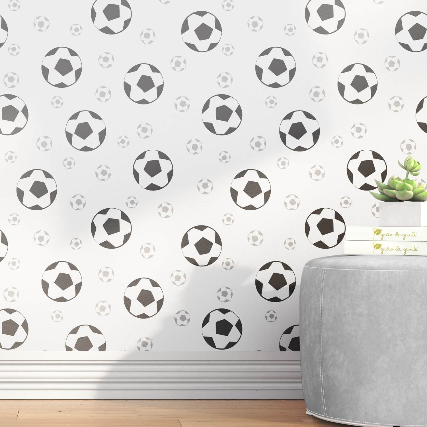 Papel de Parede Bolas de Futebol Cinza 3m