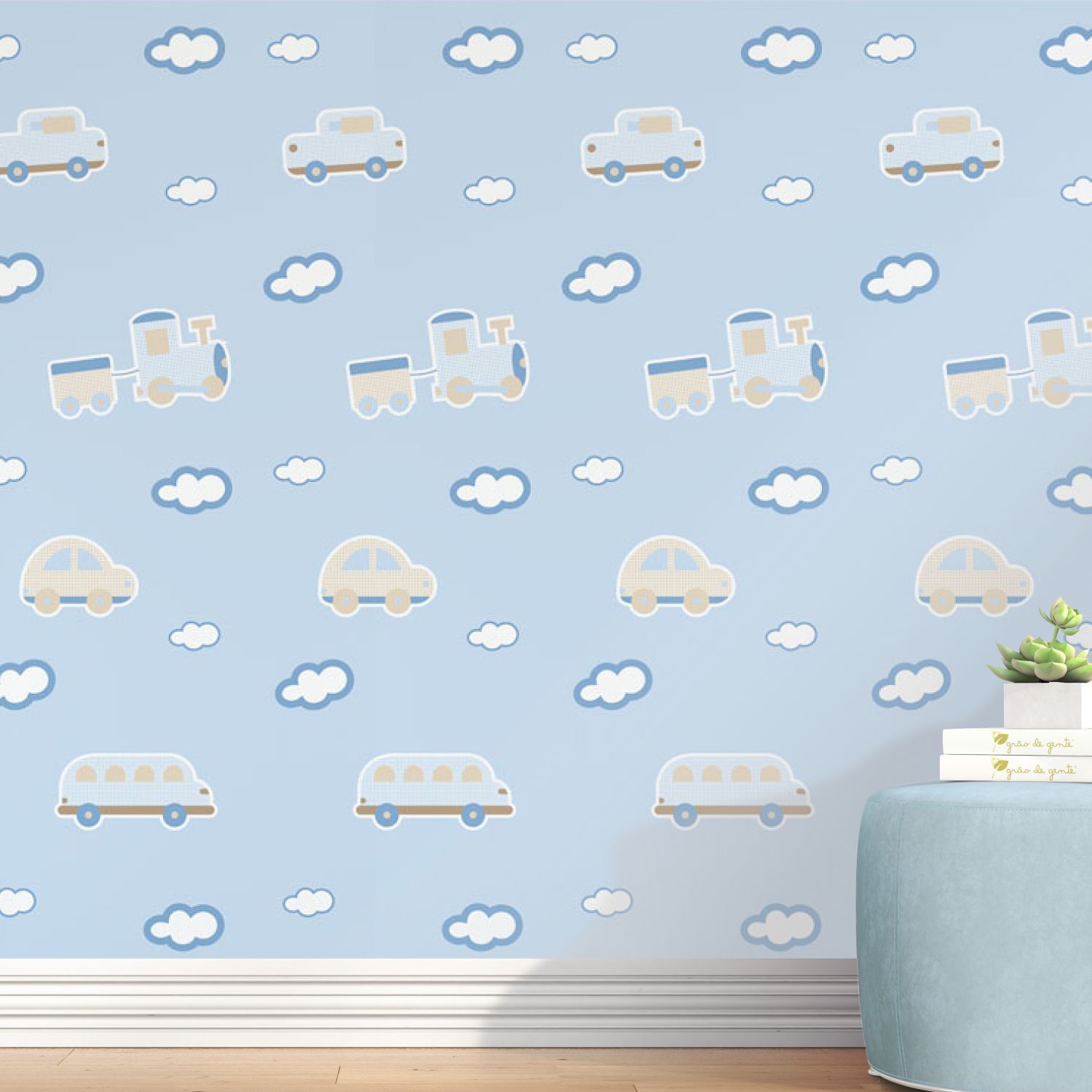Papel de Parede Carrinhos, Trem, Céu e Nuvem Azul e Bege 3m