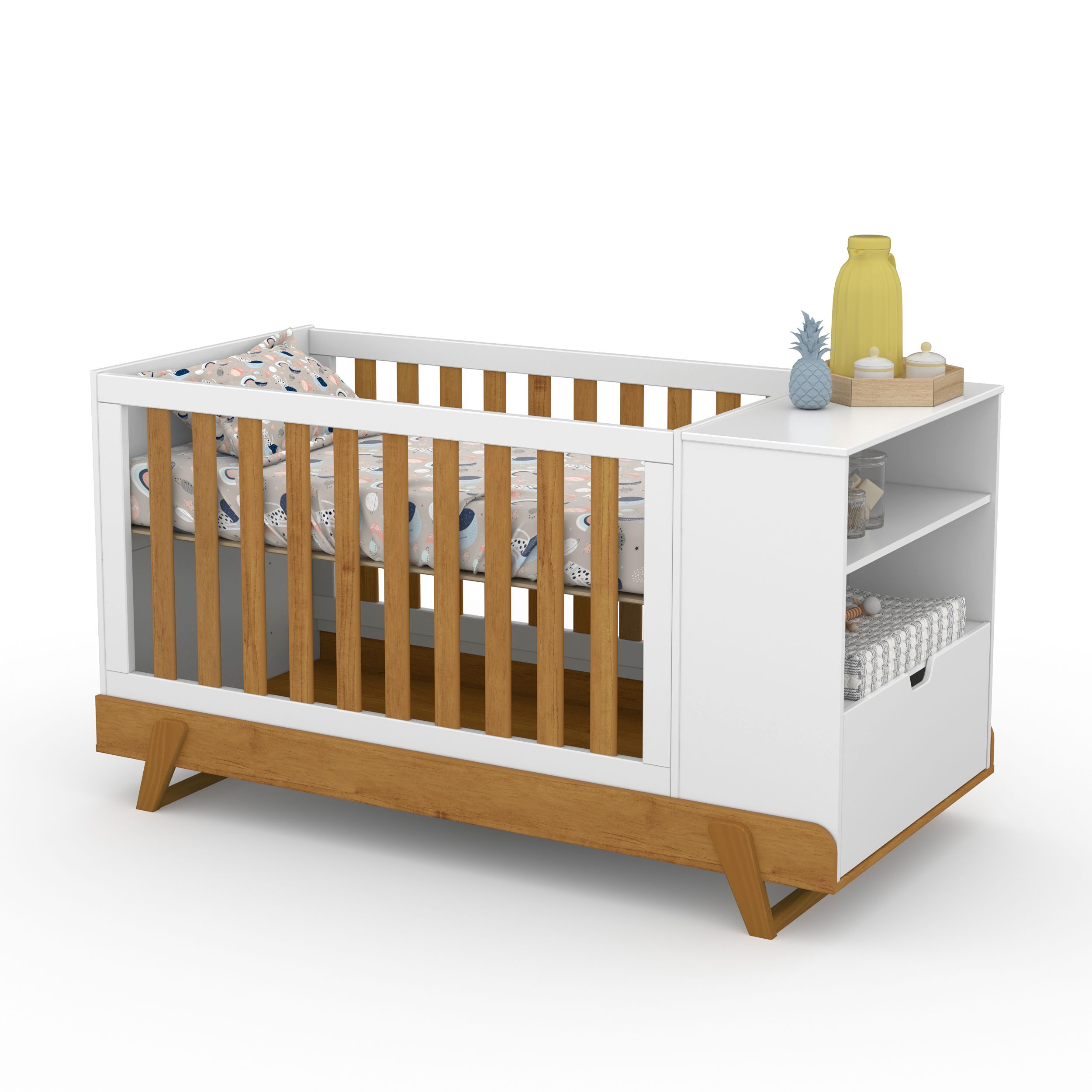 Berço com Trocador Branco Soft/Freijó BKIDS Eco Wood