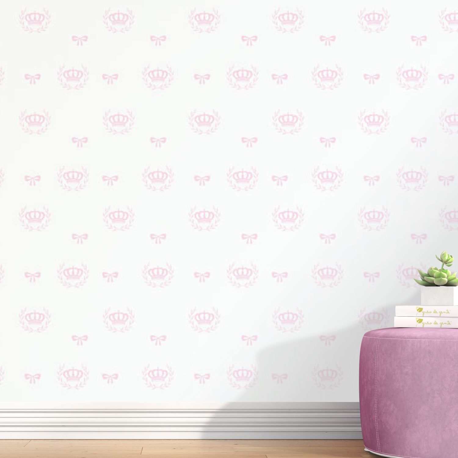 Papel de Parede Realeza Coroa e Laço Rosa 3m