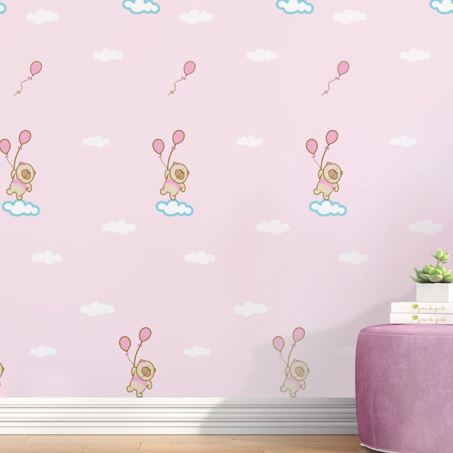 Papel de Parede Ursinha Nina e o Balão Rosa 3m