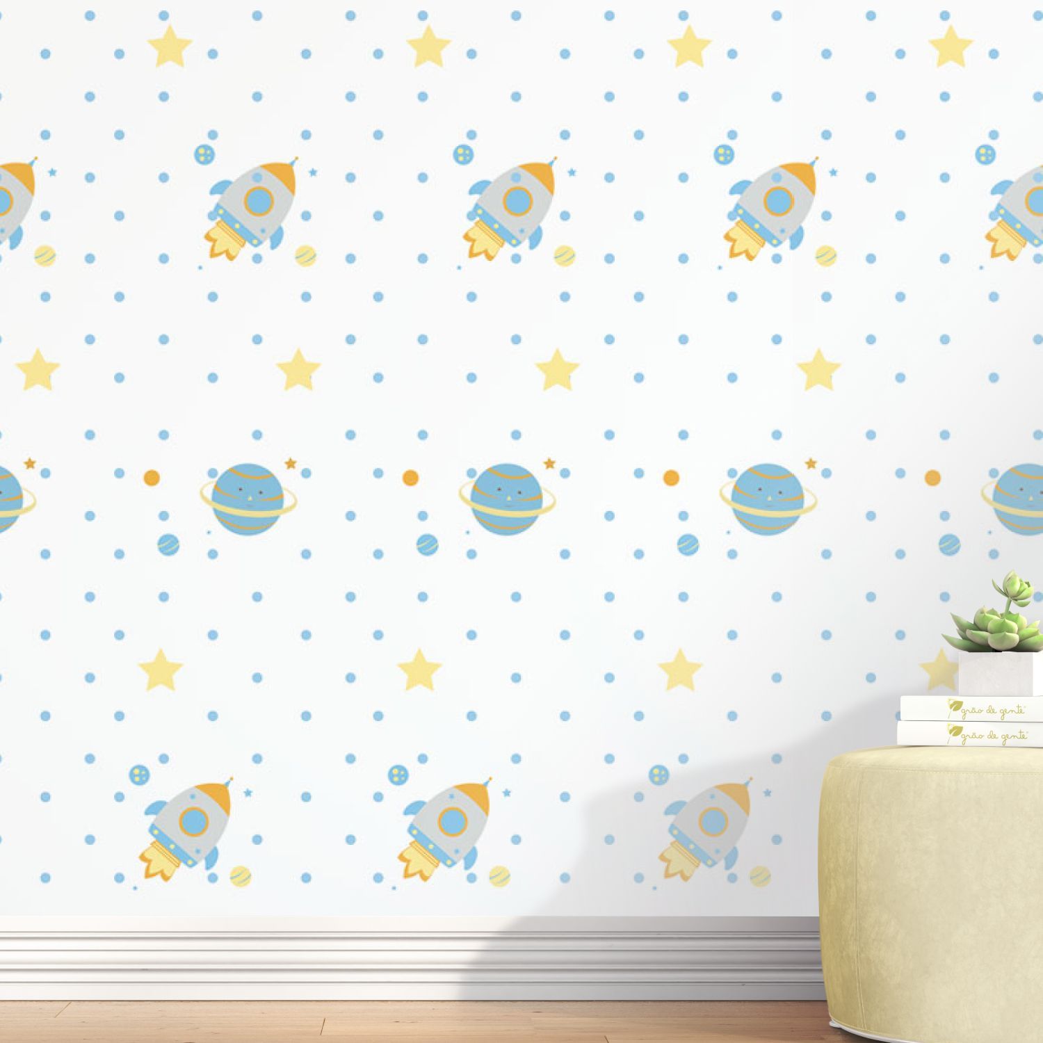 Papel de Parede Espacial Planetas e Foguetes Azul 3m