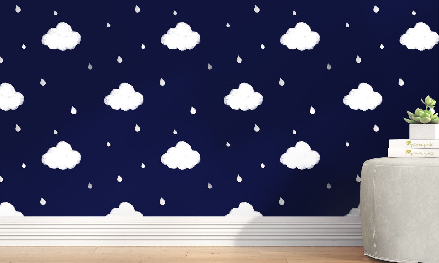 Papel de Parede Nuvens e Gotinhas Azul Marinho 3m