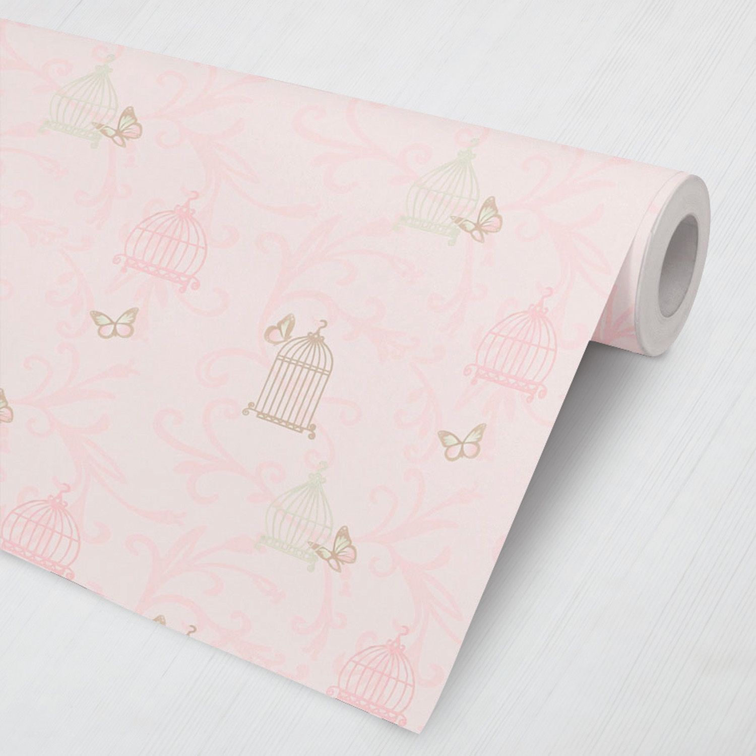 Papel de Parede Arabesco, Gaiola e Borboleta Rosa 3M